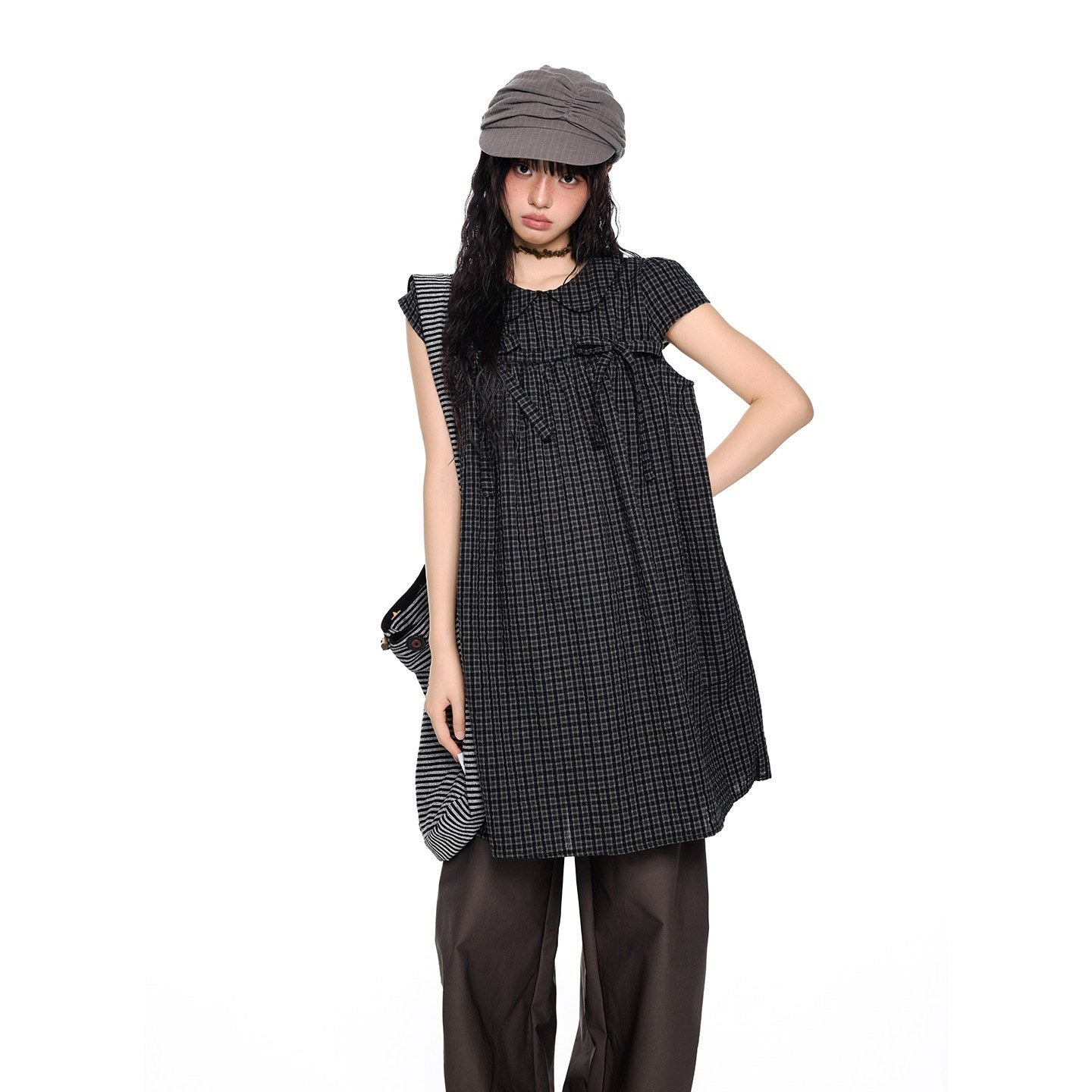 EZEK_Black_Gray_Plaid_Loose_Tie_Doll_Collar_Women's_Cotton_Short_Sleeve_T-shirts_1045176710753_MISSTT