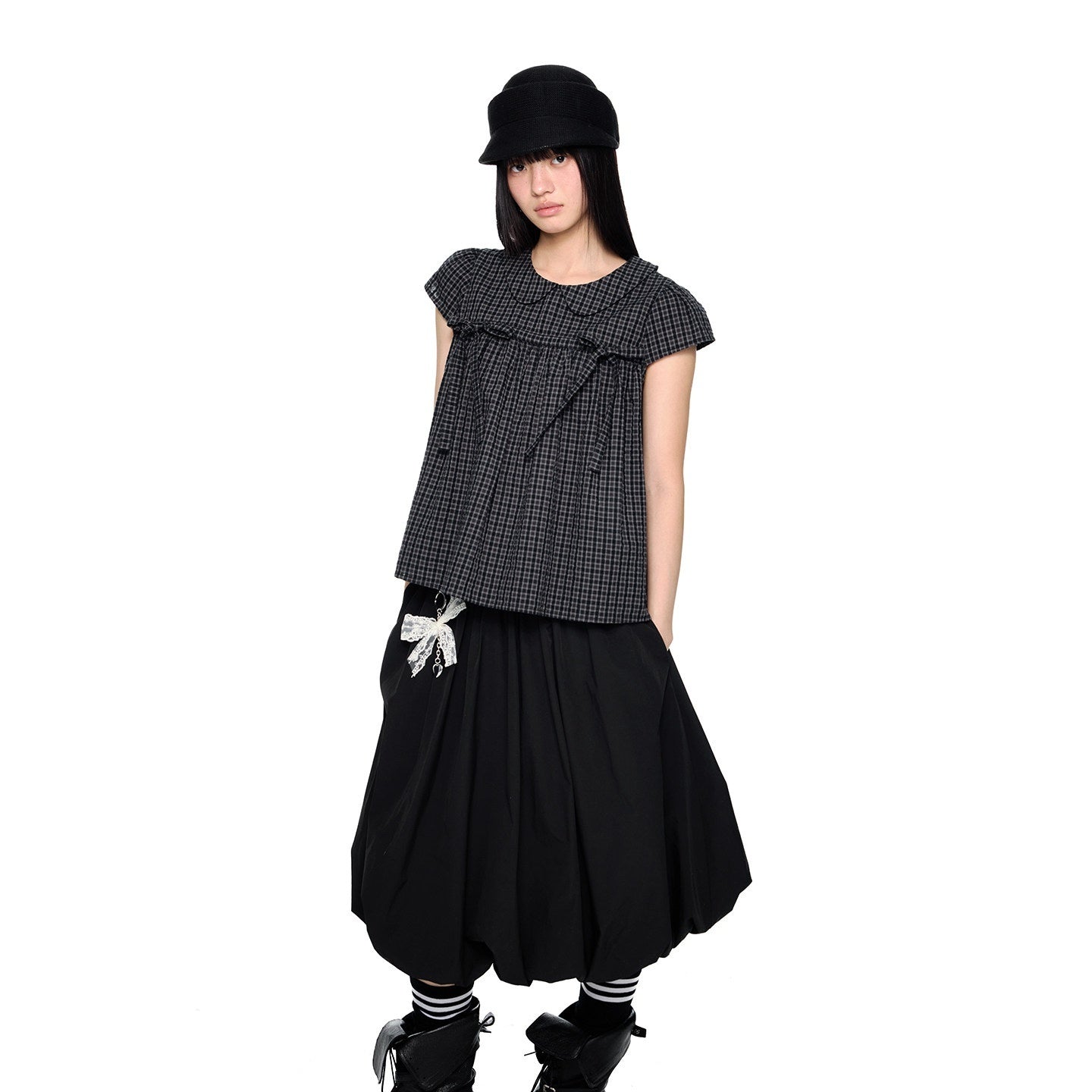 EZEK_Black_Gray_Plaid_Loose_Tie_Doll_Collar_Women's_Cotton_Short_Sleeve_T-shirts_1045176710753_MISSTT