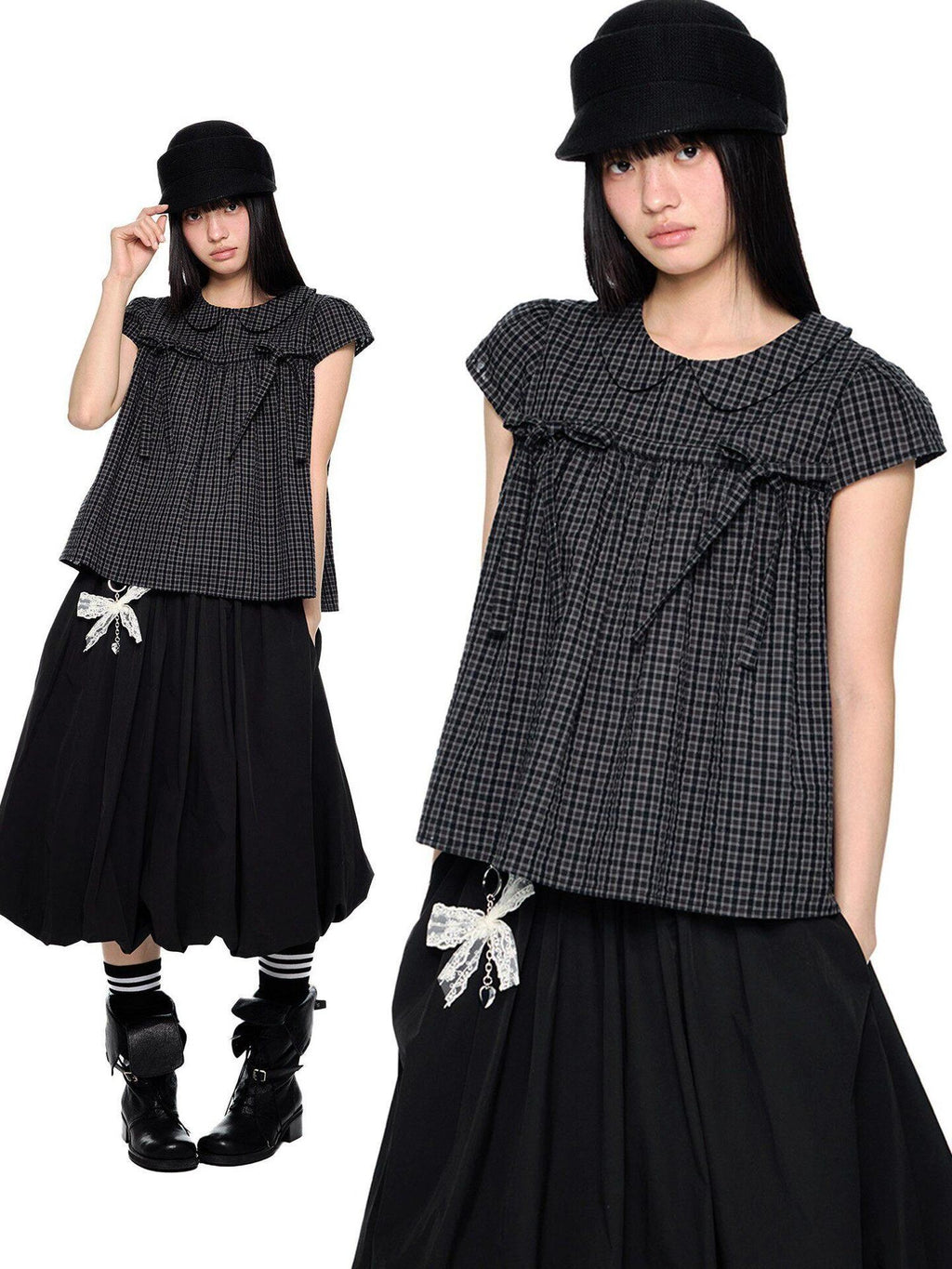 EZEK Black Gray Plaid Loose Tie Doll Collar Women's Cotton Short Sleeve T-shirts