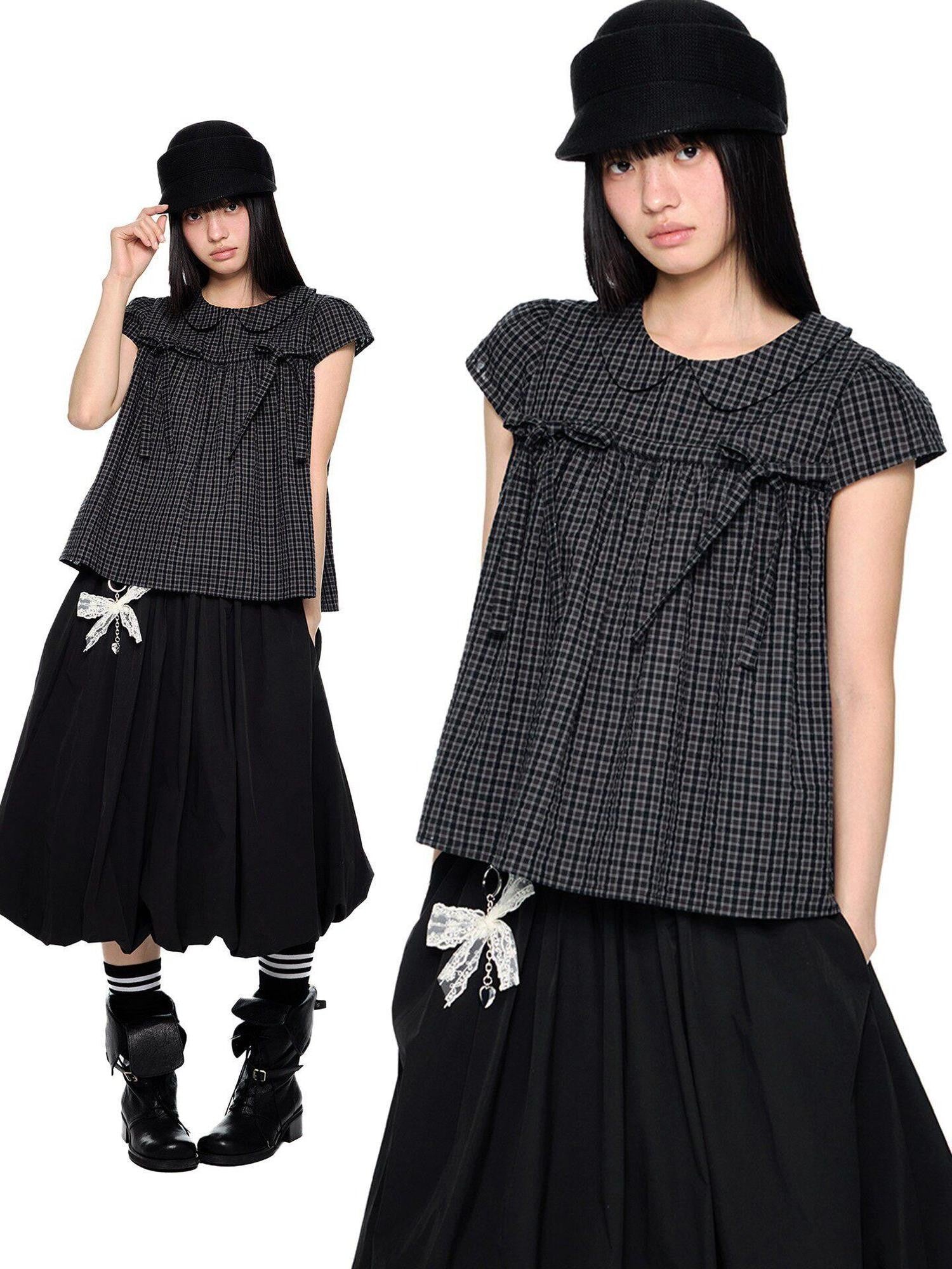 EZEK Black Gray Plaid Loose Tie Doll Collar Women's Cotton Short Sleeve T-shirts