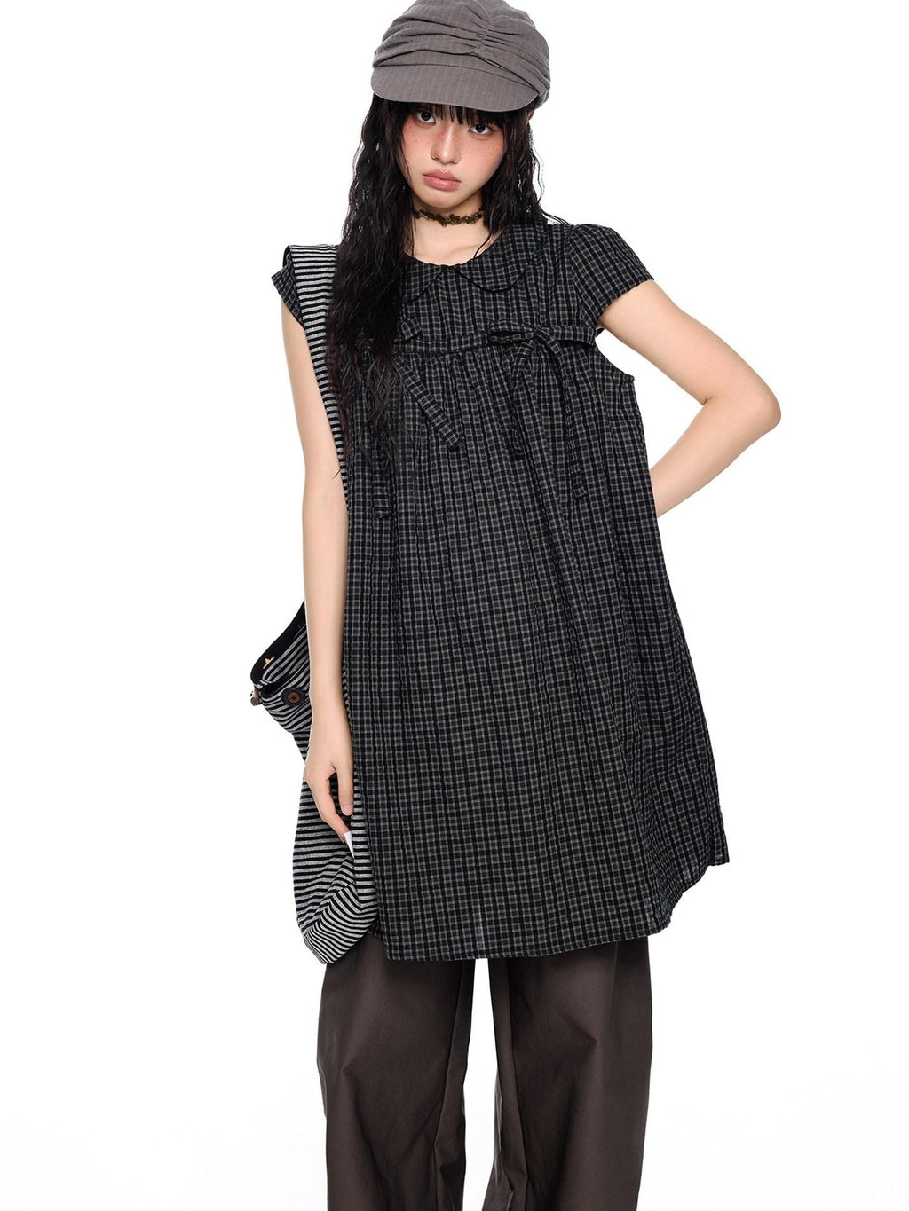 EZEK Black Gray Plaid Loose Tie Doll Collar Women's Cotton Short Sleeve T-shirts