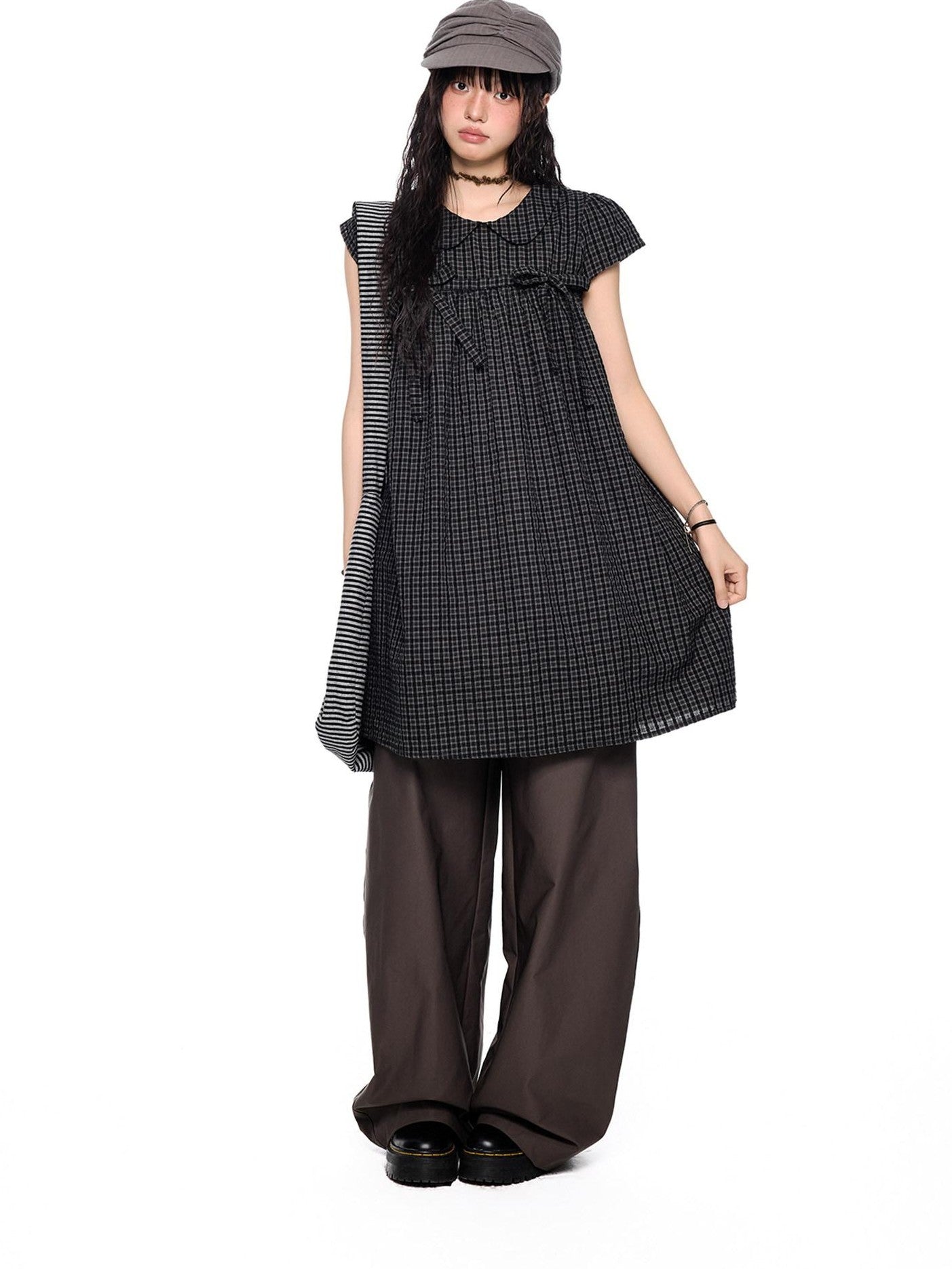 EZEK Black Gray Plaid Loose Tie Doll Collar Women's Cotton Short Sleeve T-shirts