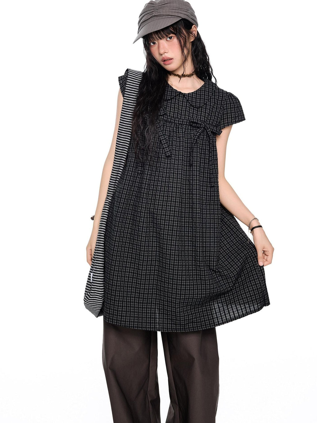 EZEK Black Gray Plaid Loose Tie Doll Collar Women's Cotton Short Sleeve T-shirts