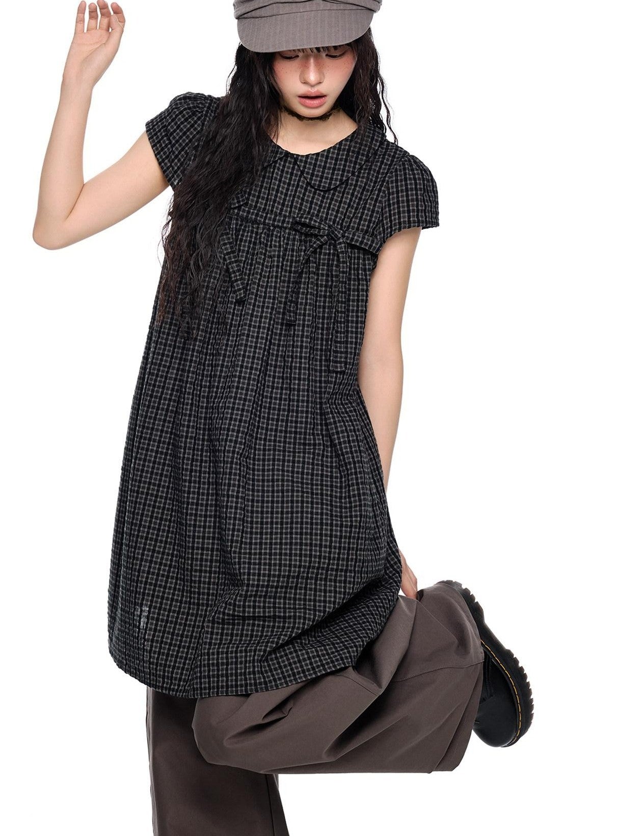 EZEK Black Gray Plaid Loose Tie Doll Collar Women's Cotton Short Sleeve T-shirts