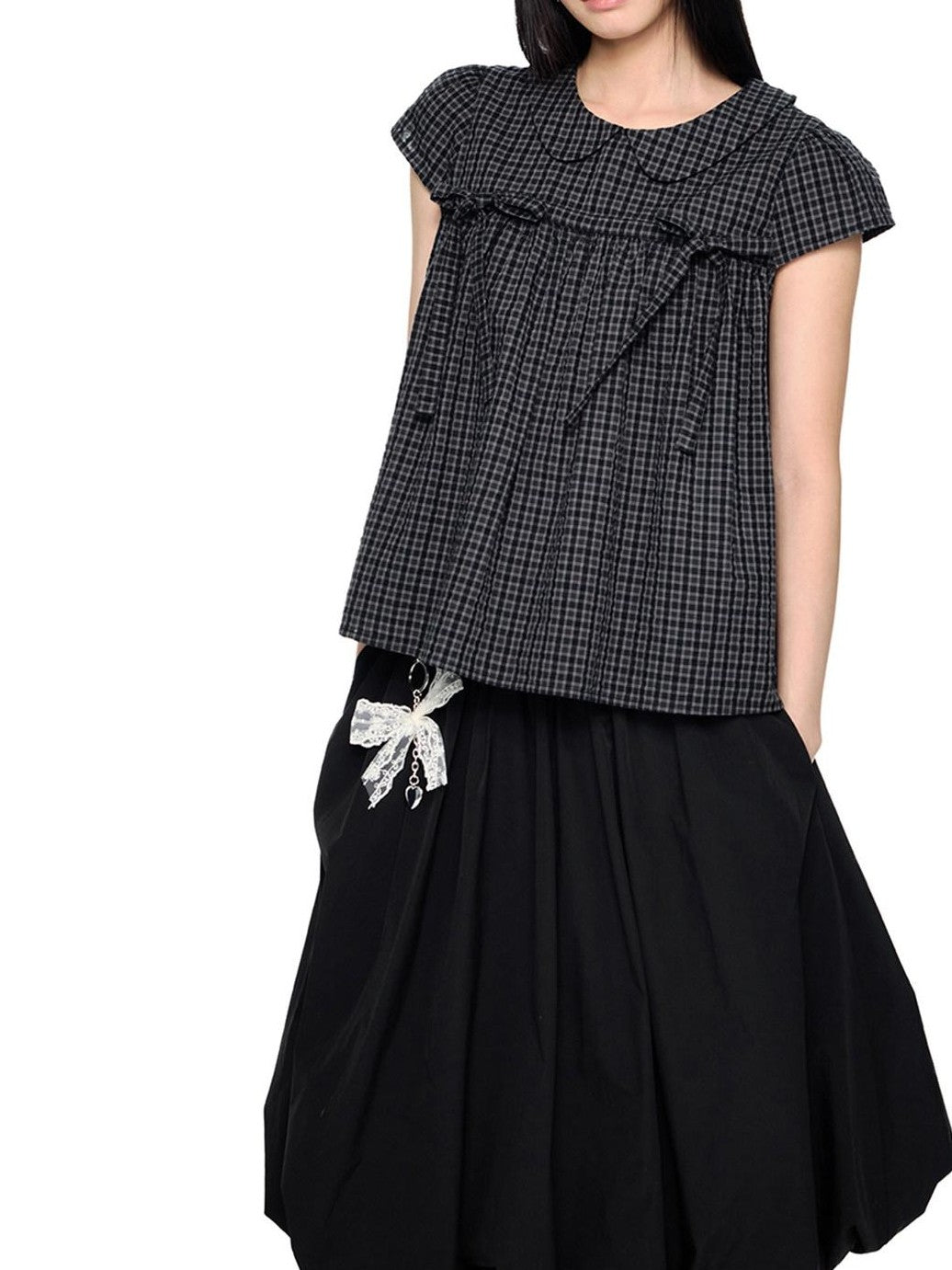 EZEK Black Gray Plaid Loose Tie Doll Collar Women's Cotton Short Sleeve T-shirts