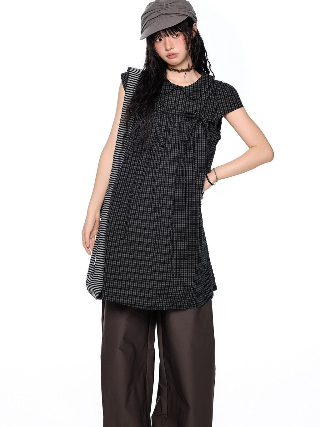 EZEK Black Gray Plaid Loose Tie Doll Collar Women's Cotton Short Sleeve T-shirts