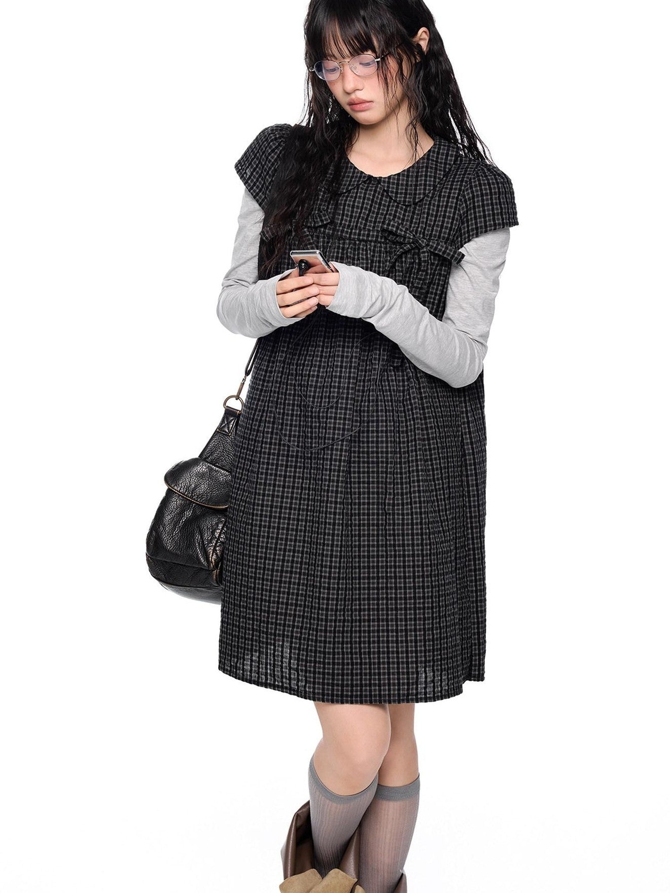 EZEK Black Gray Plaid Loose Tie Doll Collar Women's Cotton Short Sleeve T-shirts
