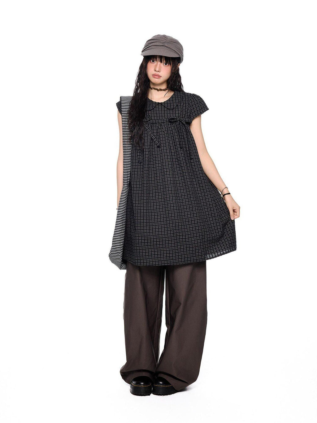 EZEK Black Gray Plaid Loose Tie Doll Collar Women's Cotton Short Sleeve T-shirts
