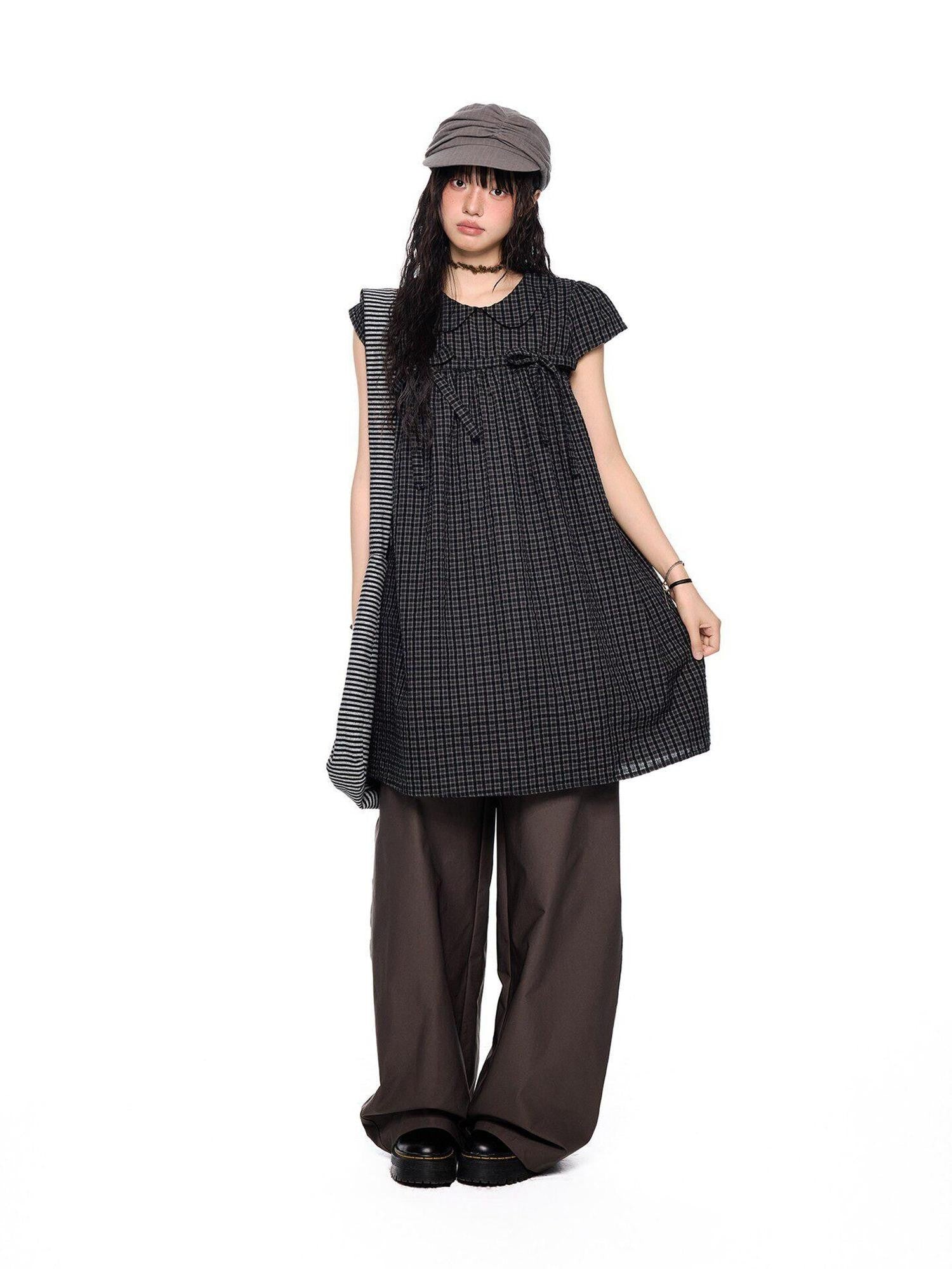 EZEK Black Gray Plaid Loose Tie Doll Collar Women's Cotton Short Sleeve T-shirts