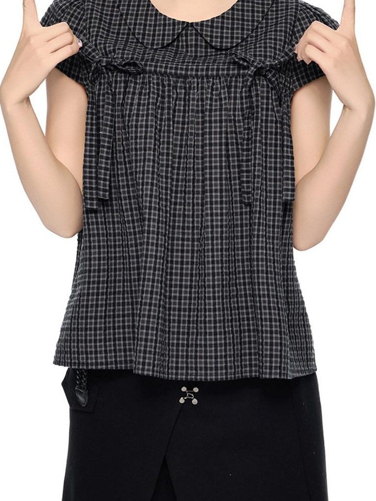 EZEK Black Gray Plaid Loose Tie Doll Collar Women's Cotton Short Sleeve T-shirts