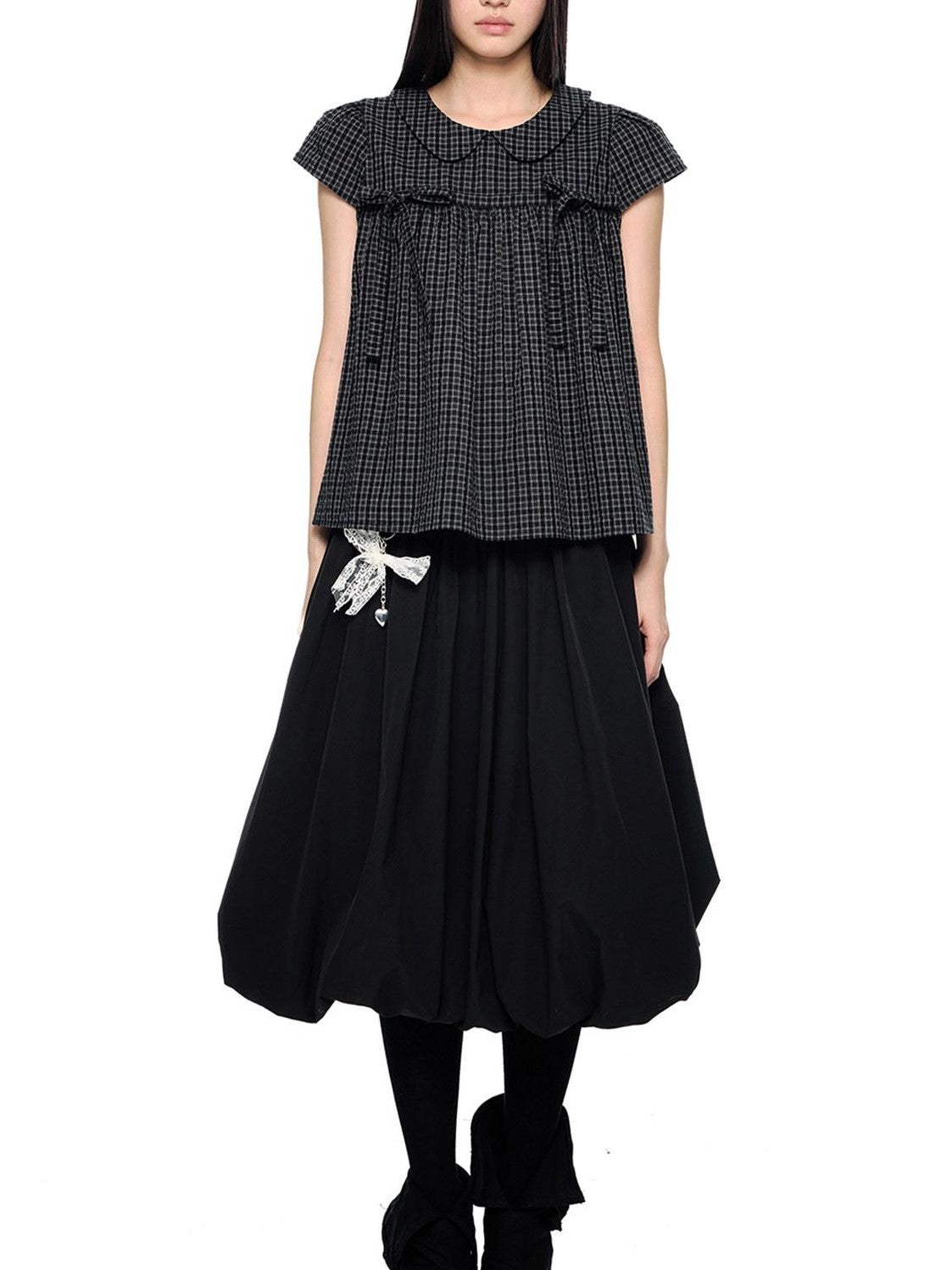 EZEK Black Gray Plaid Loose Tie Doll Collar Women's Cotton Short Sleeve T-shirts