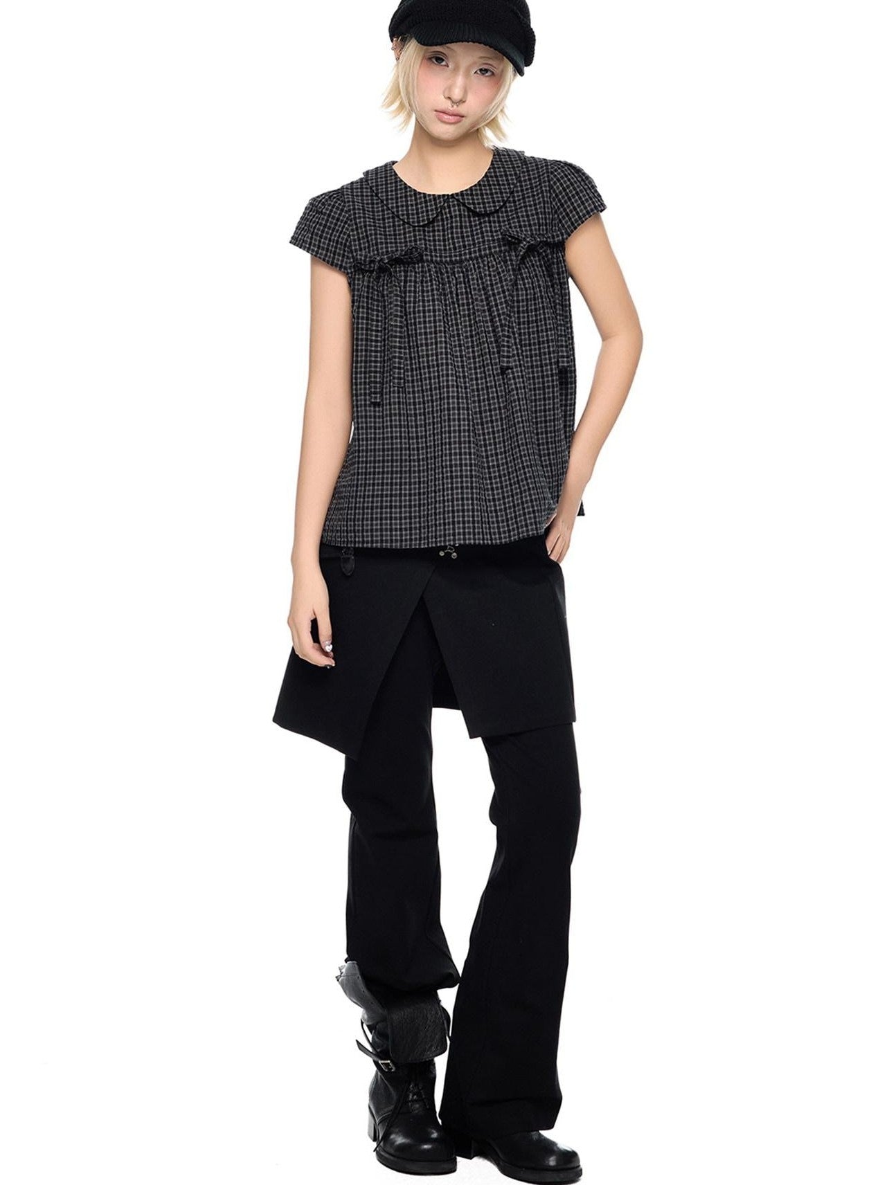 EZEK Black Gray Plaid Loose Tie Doll Collar Women's Cotton Short Sleeve T-shirts
