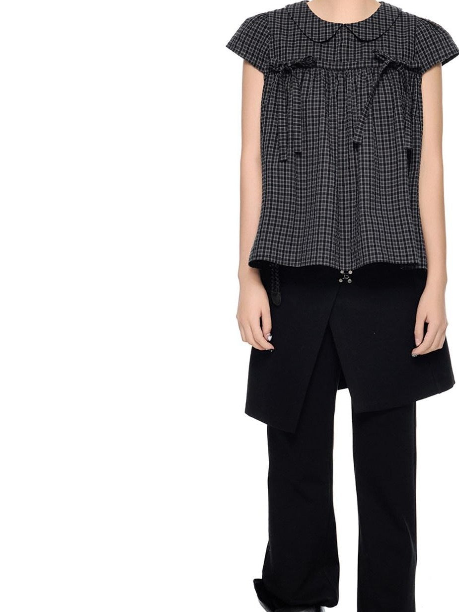 EZEK Black Gray Plaid Loose Tie Doll Collar Women's Cotton Short Sleeve T-shirts