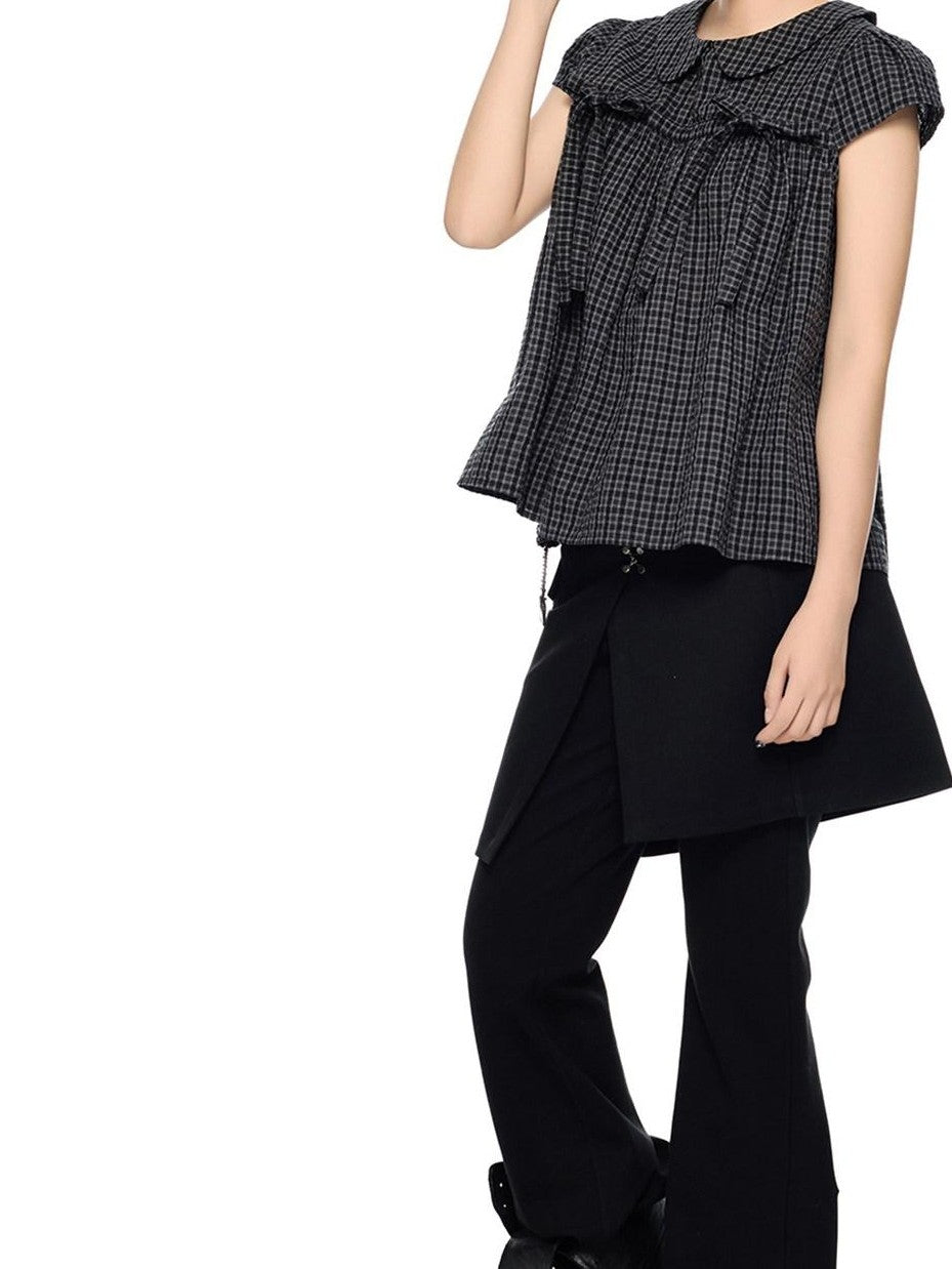 EZEK Black Gray Plaid Loose Tie Doll Collar Women's Cotton Short Sleeve T-shirts