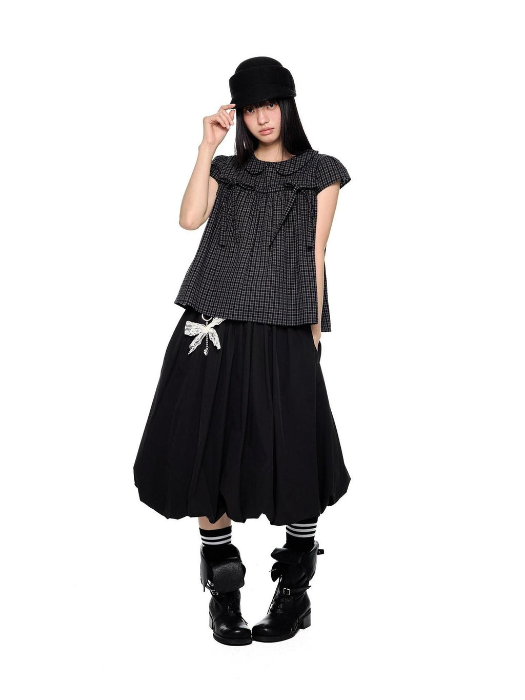 EZEK Black Gray Plaid Loose Tie Doll Collar Women's Cotton Short Sleeve T-shirts