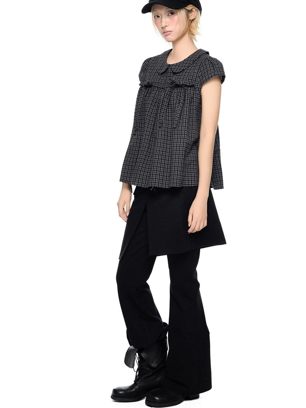 EZEK Black Gray Plaid Loose Tie Doll Collar Women's Cotton Short Sleeve T-shirts