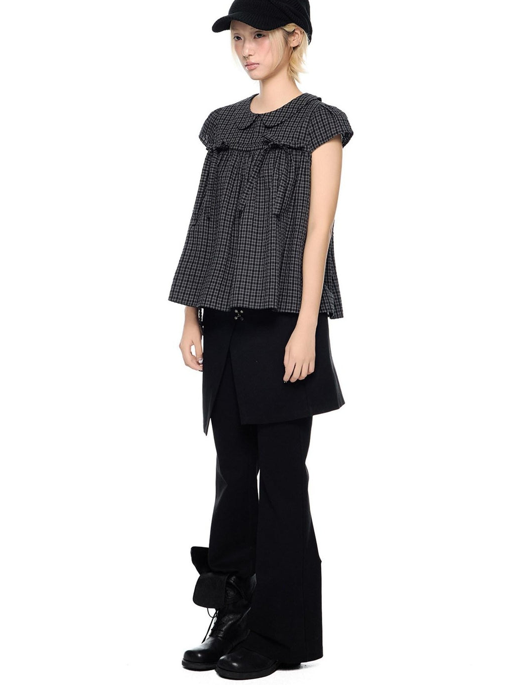 EZEK Black Gray Plaid Loose Tie Doll Collar Women's Cotton Short Sleeve T-shirts