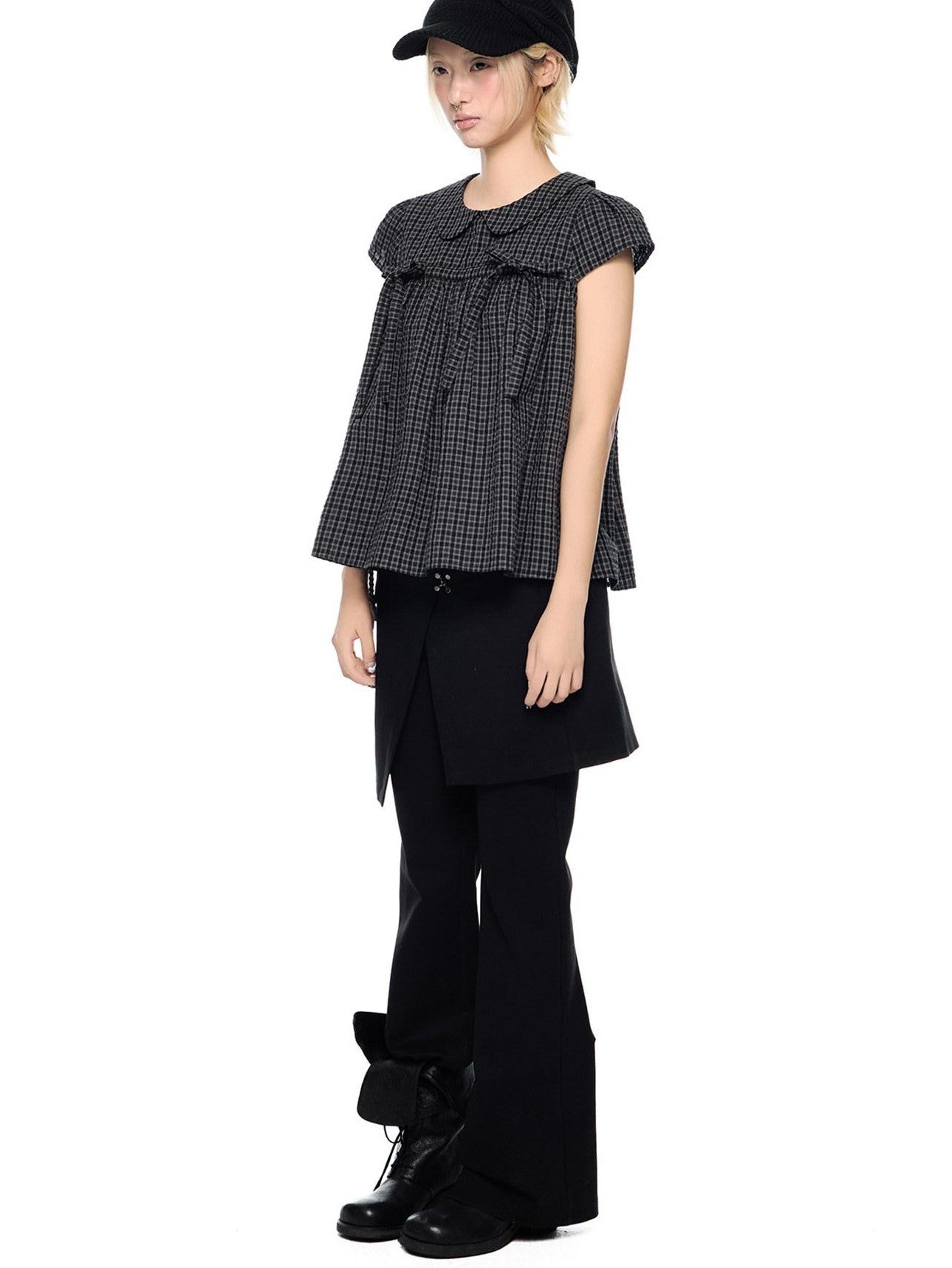 EZEK Black Gray Plaid Loose Tie Doll Collar Women's Cotton Short Sleeve T-shirts