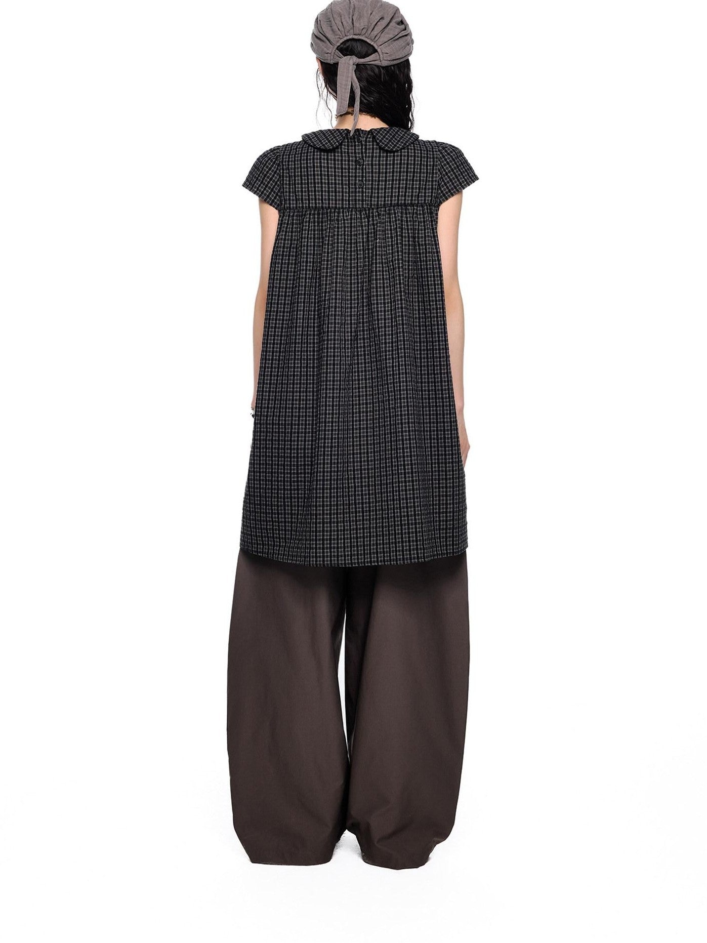 EZEK Black Gray Plaid Loose Tie Doll Collar Women's Cotton Short Sleeve T-shirts