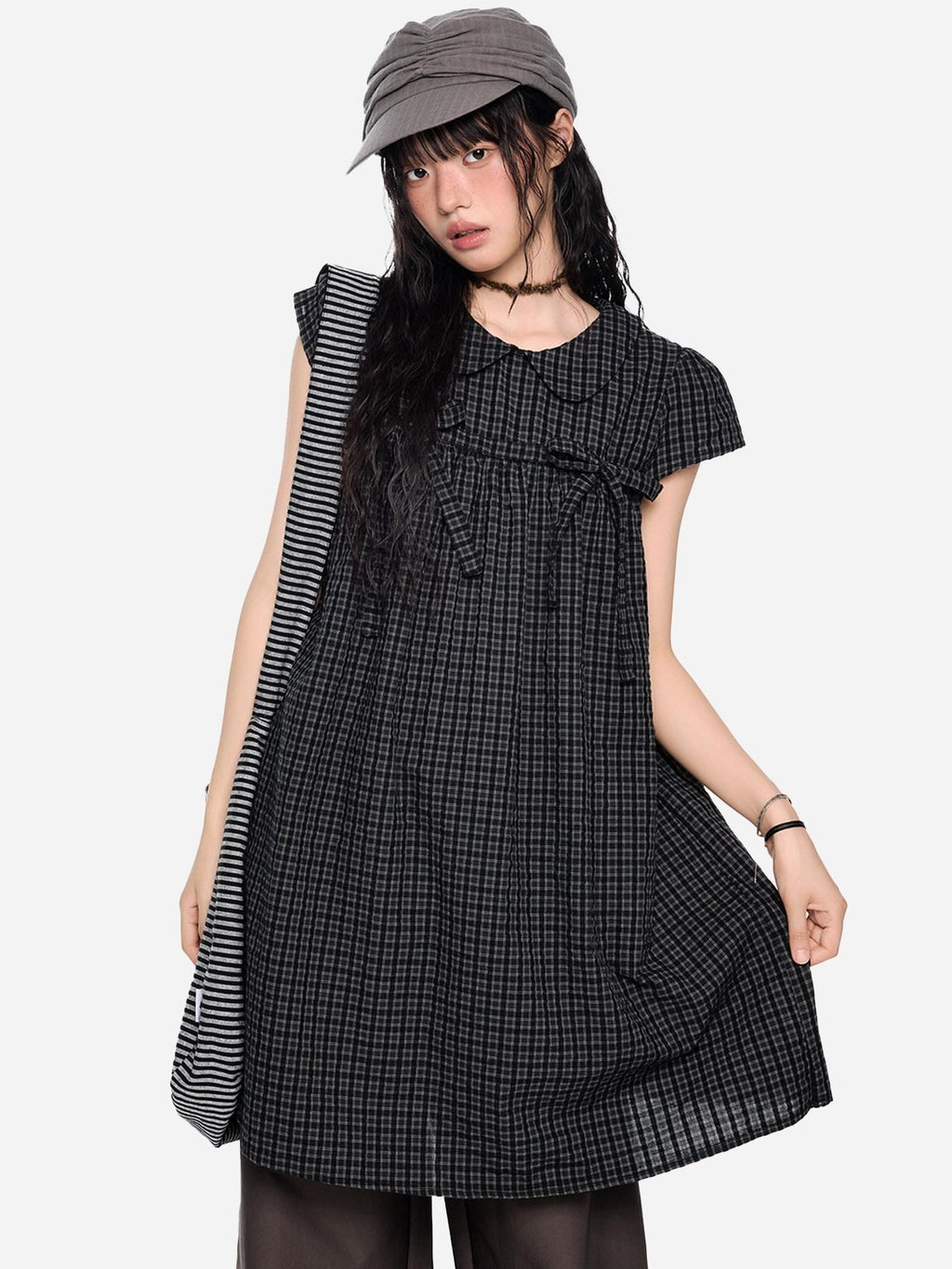 EZEK Black Gray Plaid Loose Tie Doll Collar Women's Cotton Short Sleeve T-shirts