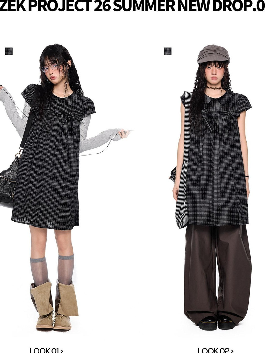 EZEK Black Gray Plaid Loose Tie Doll Collar Women's Cotton Short Sleeve T-shirts
