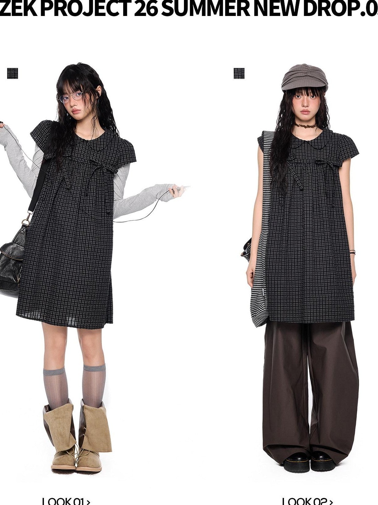EZEK Black Gray Plaid Loose Tie Doll Collar Women's Cotton Short Sleeve T-shirts