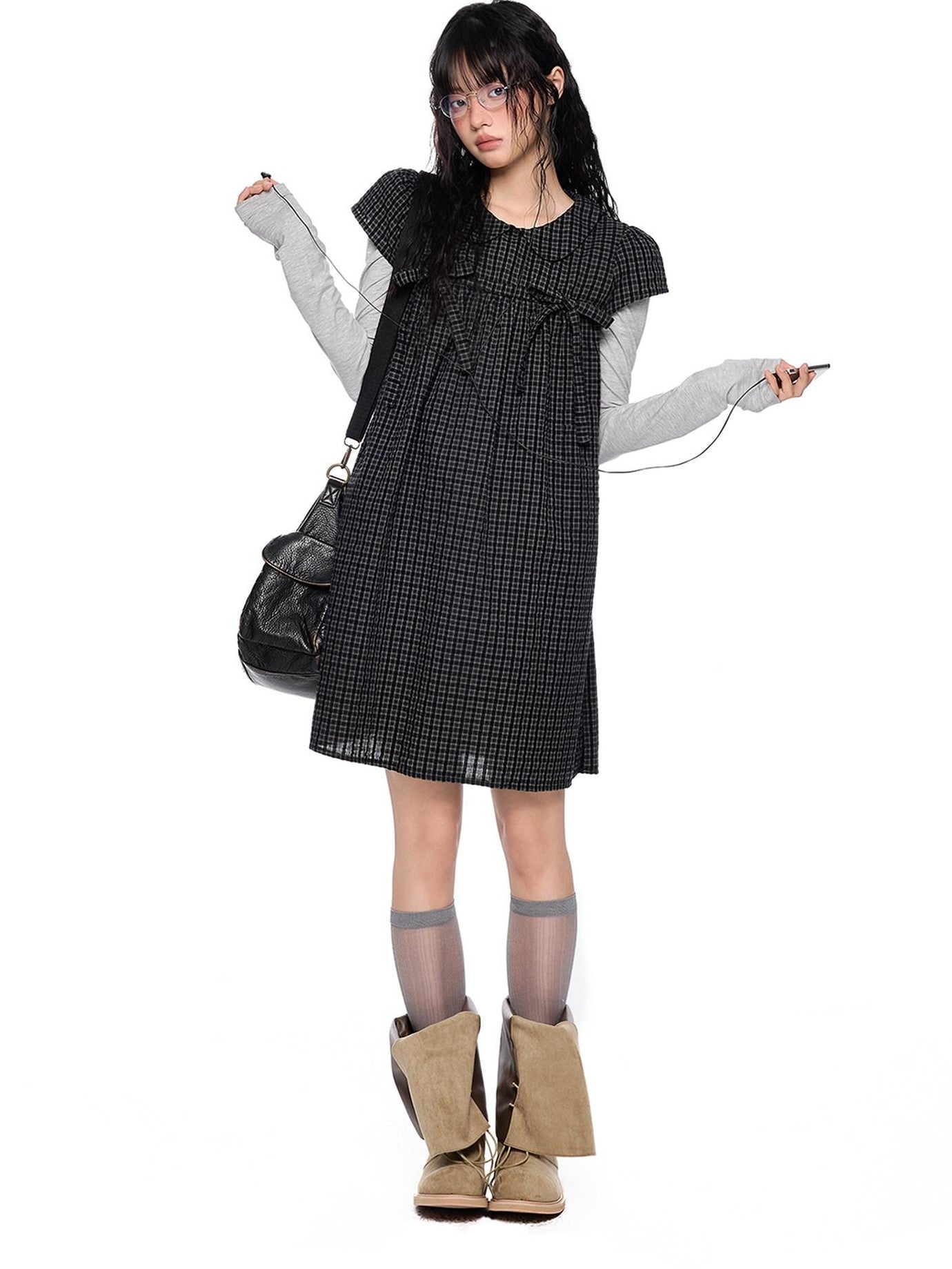 EZEK Black Gray Plaid Loose Tie Doll Collar Women's Cotton Short Sleeve T-shirts