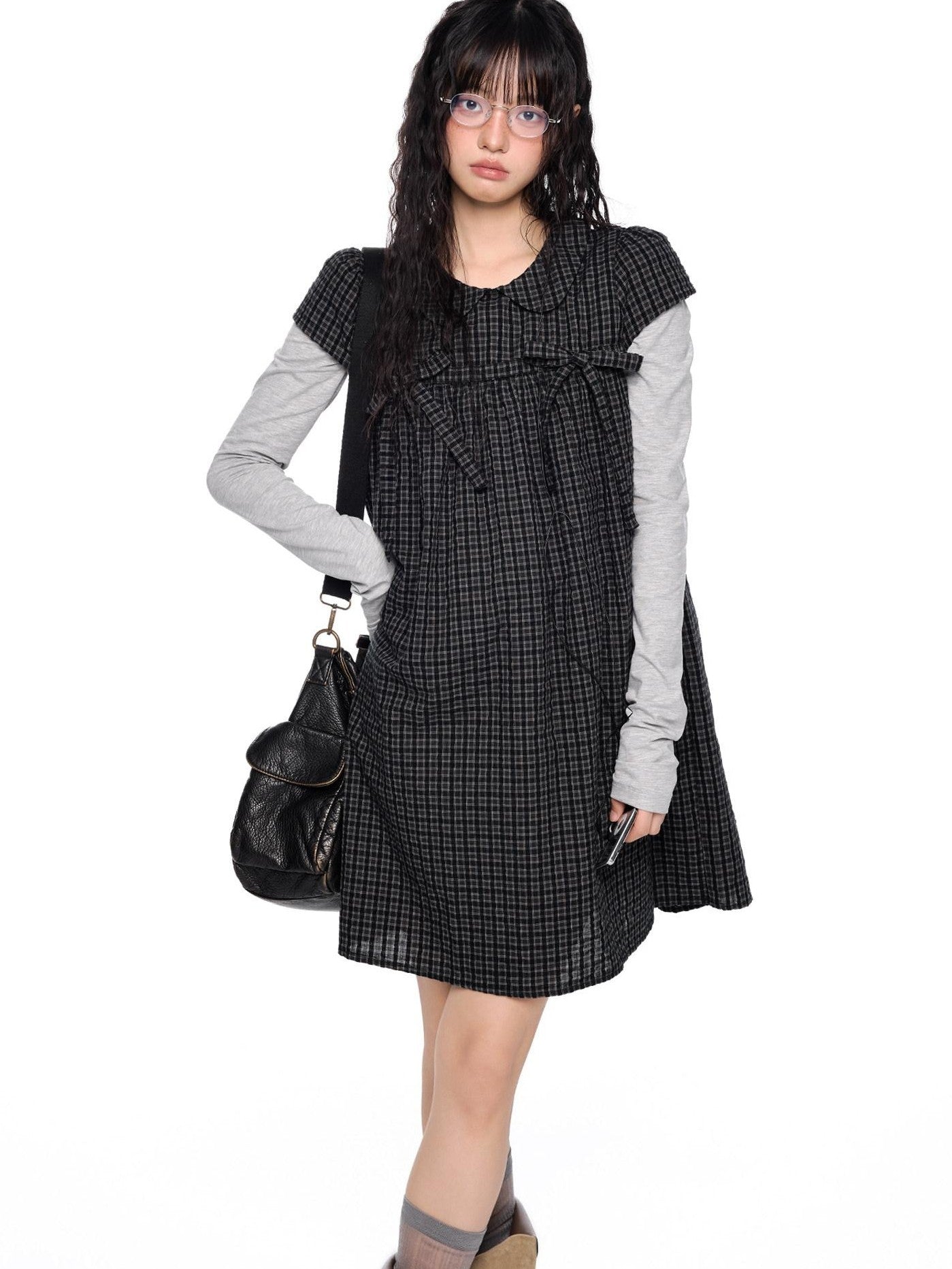 EZEK Black Gray Plaid Loose Tie Doll Collar Women's Cotton Short Sleeve T-shirts