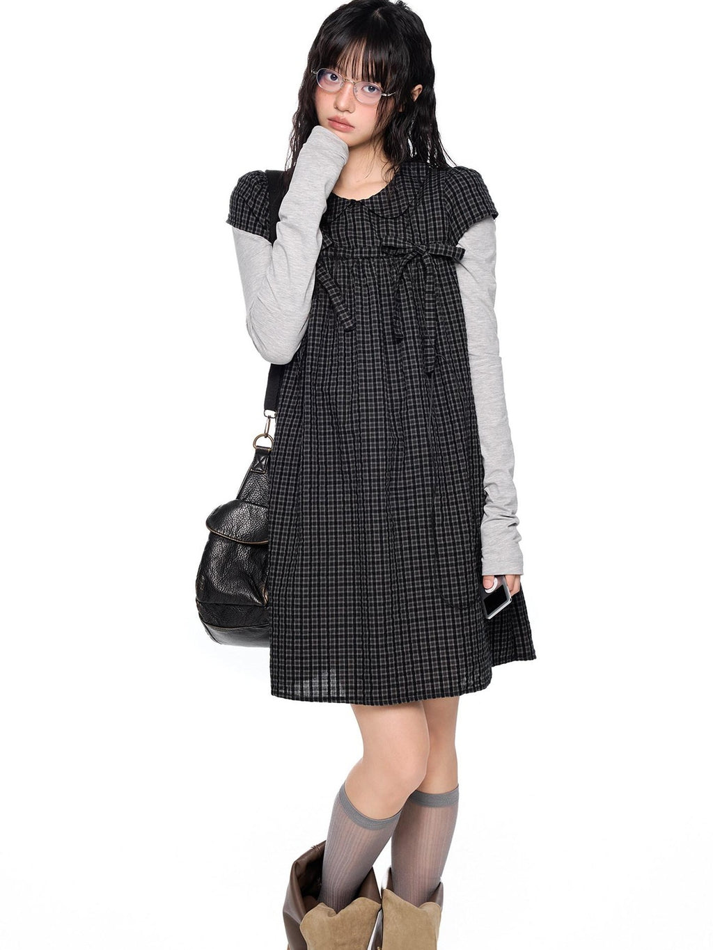 EZEK Black Gray Plaid Loose Tie Doll Collar Women's Cotton Short Sleeve T-shirts