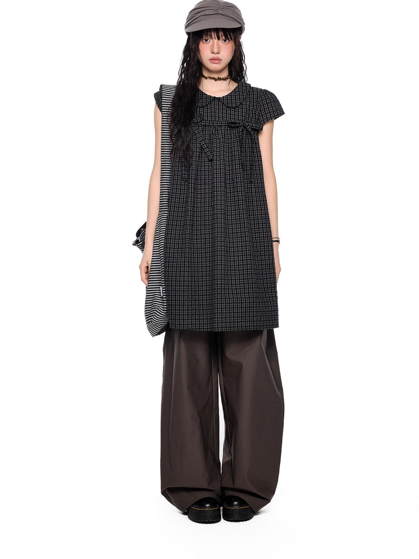 EZEK Black Gray Plaid Loose Tie Doll Collar Women's Cotton Short Sleeve T-shirts