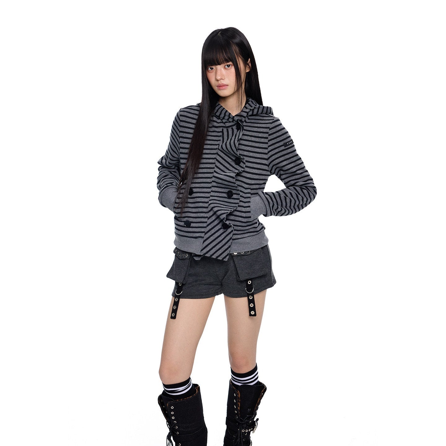 EZEK_Black_Gray_Striped_Deconstructed_Patchwork_Zip_Women's_Cotton_Blend_Hoodies_1015826552027_MISSTT
