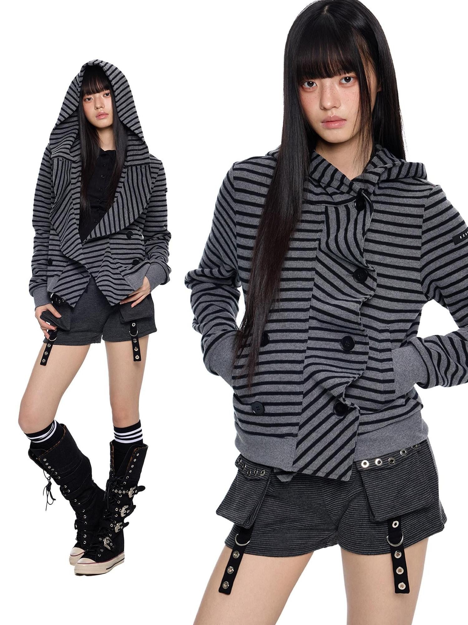 EZEK Black Gray Striped Deconstructed Patchwork Zip Women's Cotton Blend Hoodies