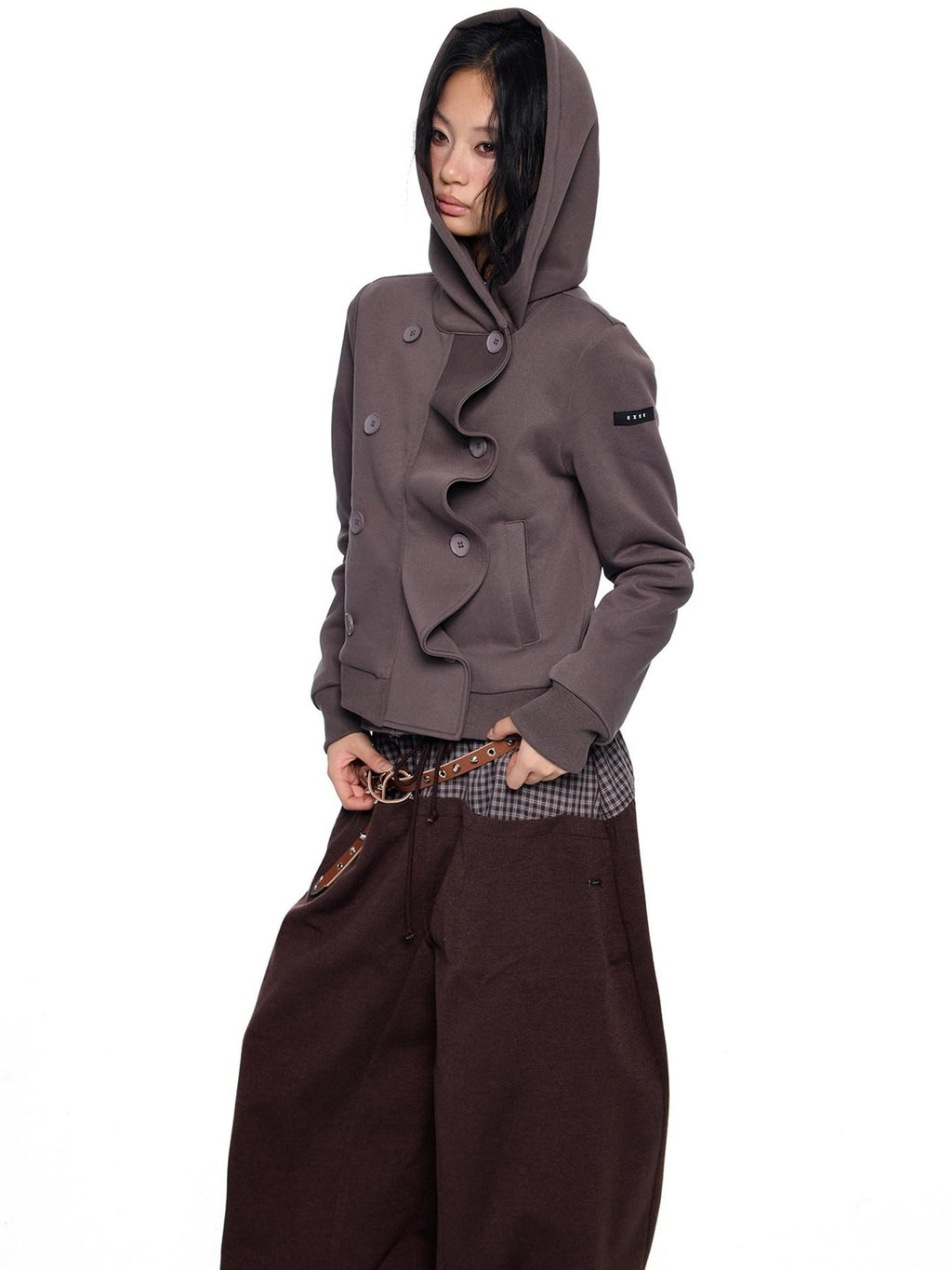 EZEK Black Gray Striped Deconstructed Patchwork Zip Women's Cotton Blend Hoodies