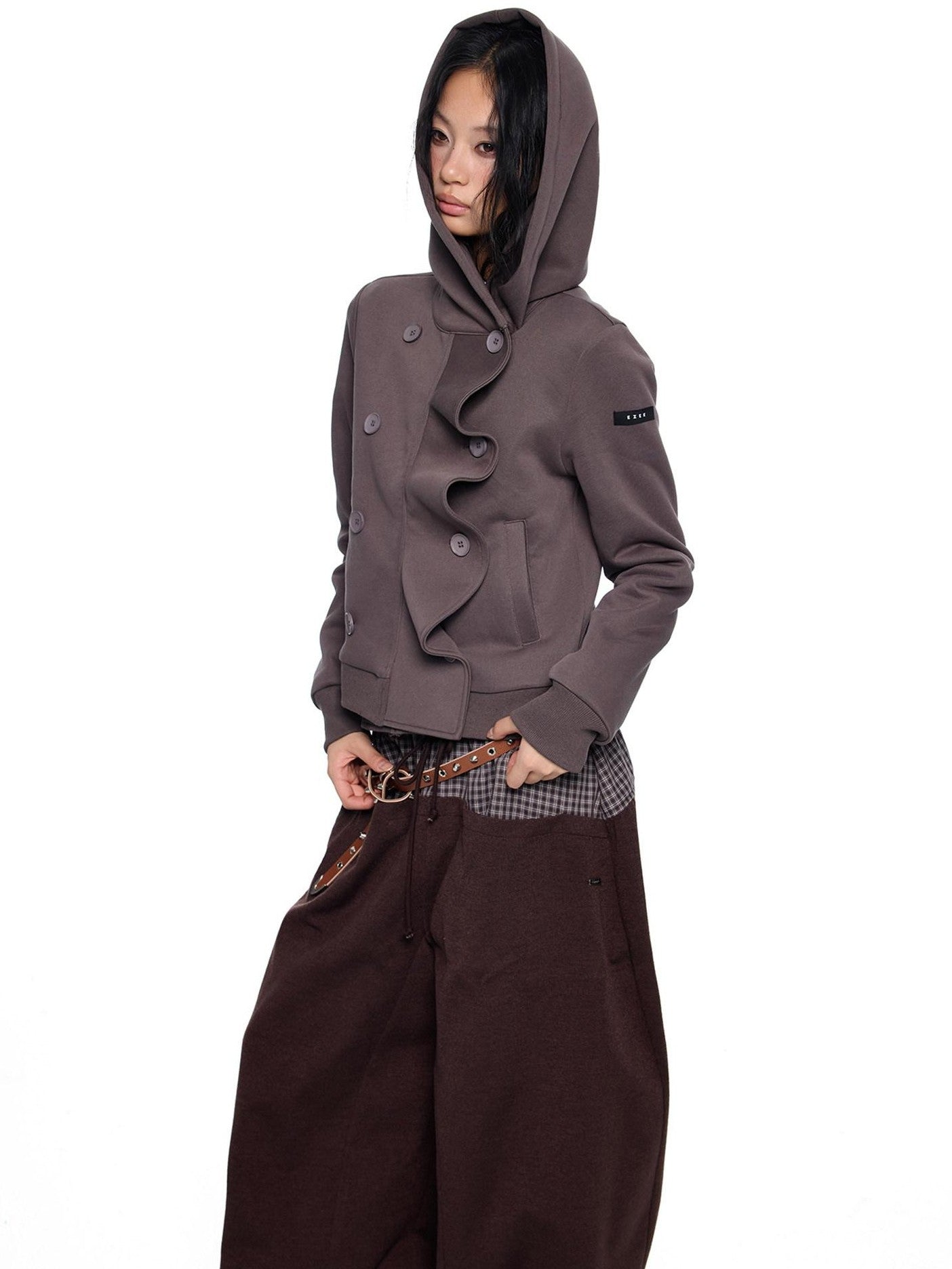 EZEK Black Gray Striped Deconstructed Patchwork Zip Women's Cotton Blend Hoodies