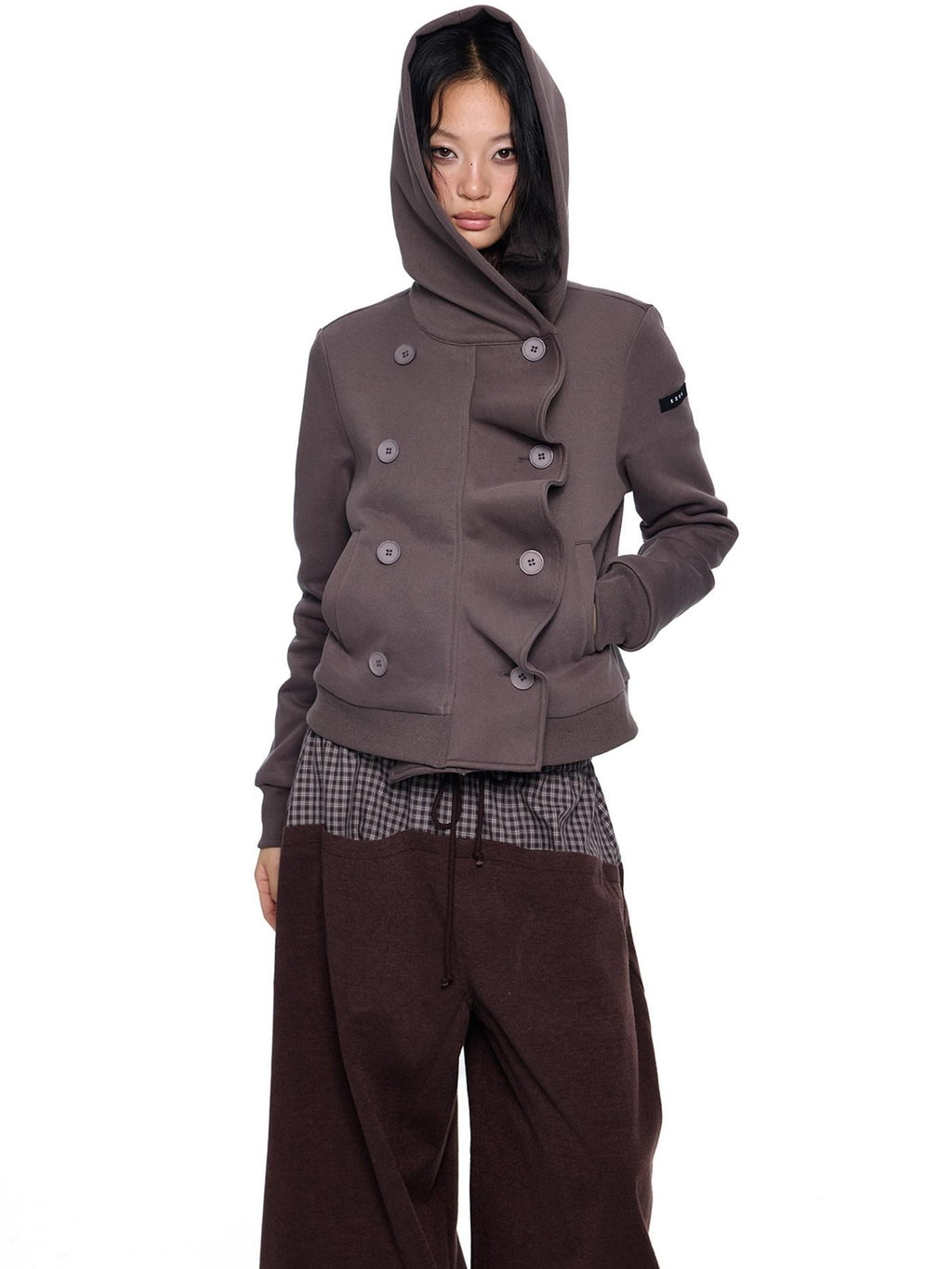 EZEK Black Gray Striped Deconstructed Patchwork Zip Women's Cotton Blend Hoodies