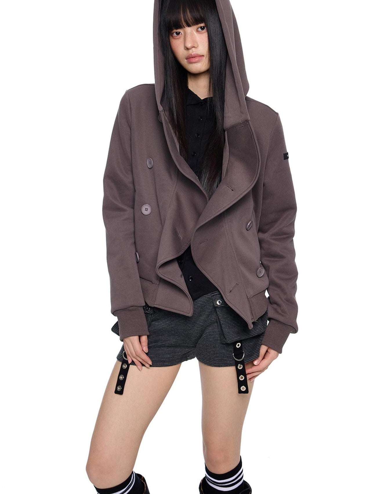 EZEK Black Gray Striped Deconstructed Patchwork Zip Women's Cotton Blend Hoodies