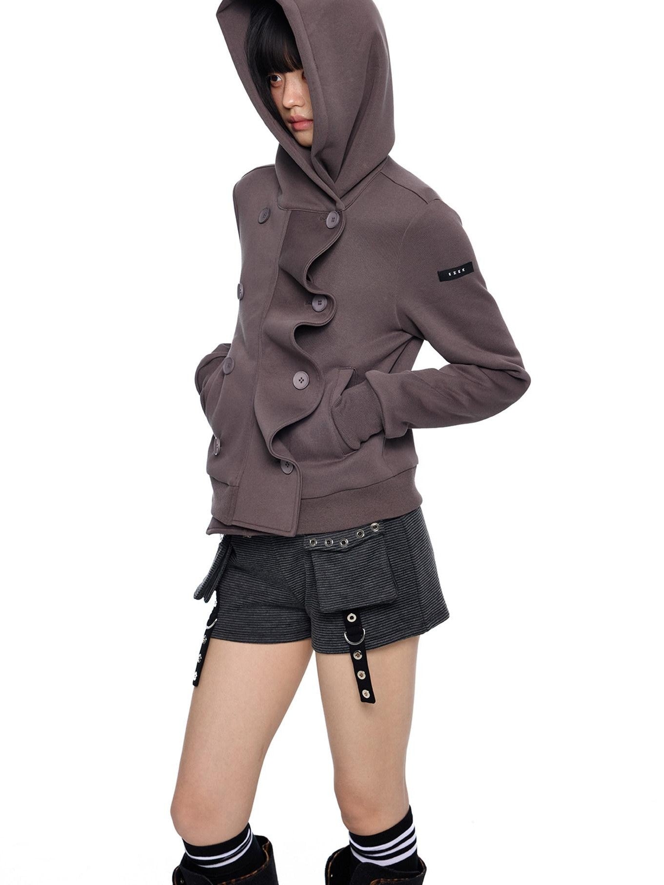 EZEK Black Gray Striped Deconstructed Patchwork Zip Women's Cotton Blend Hoodies
