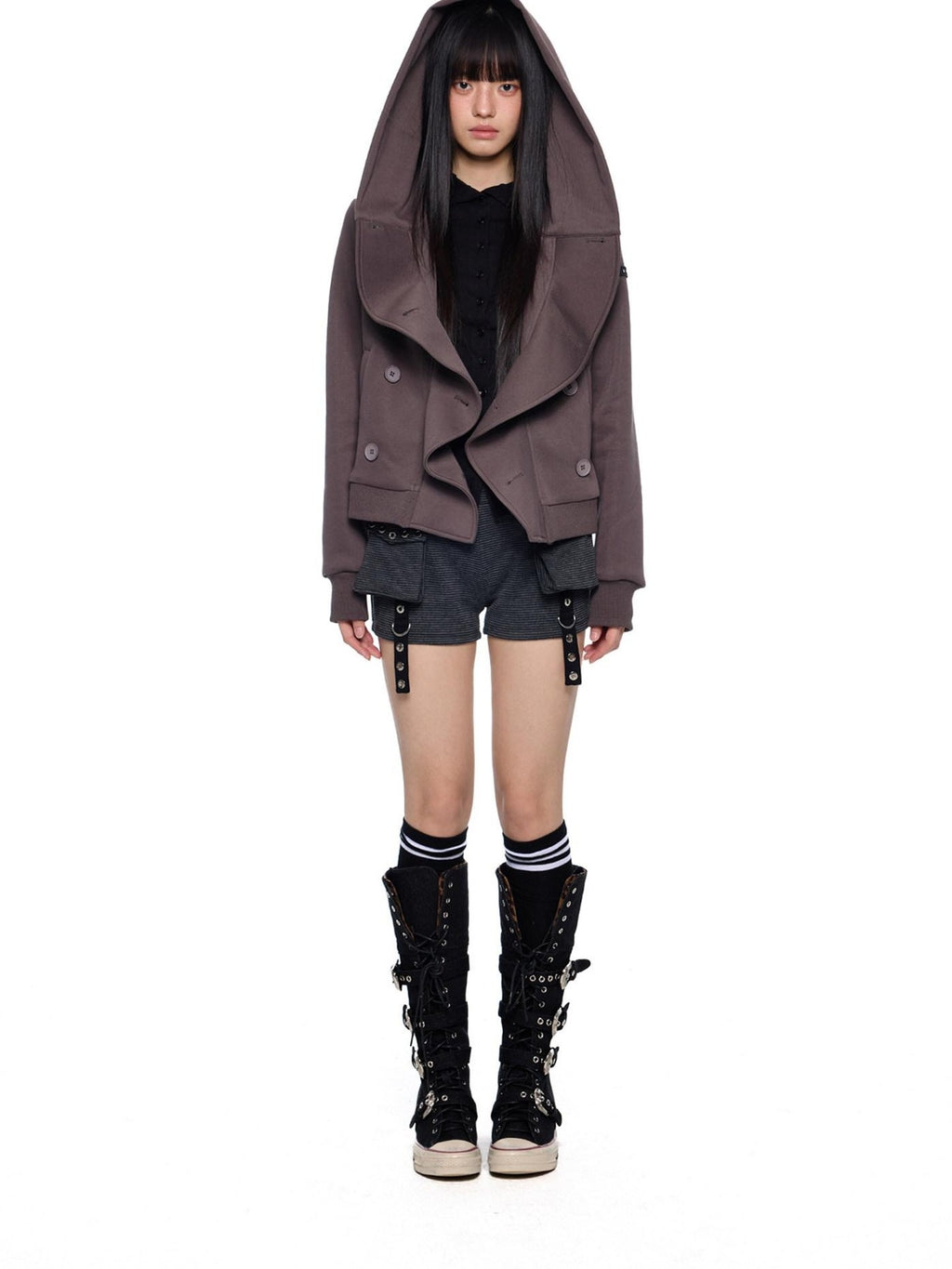 EZEK Black Gray Striped Deconstructed Patchwork Zip Women's Cotton Blend Hoodies