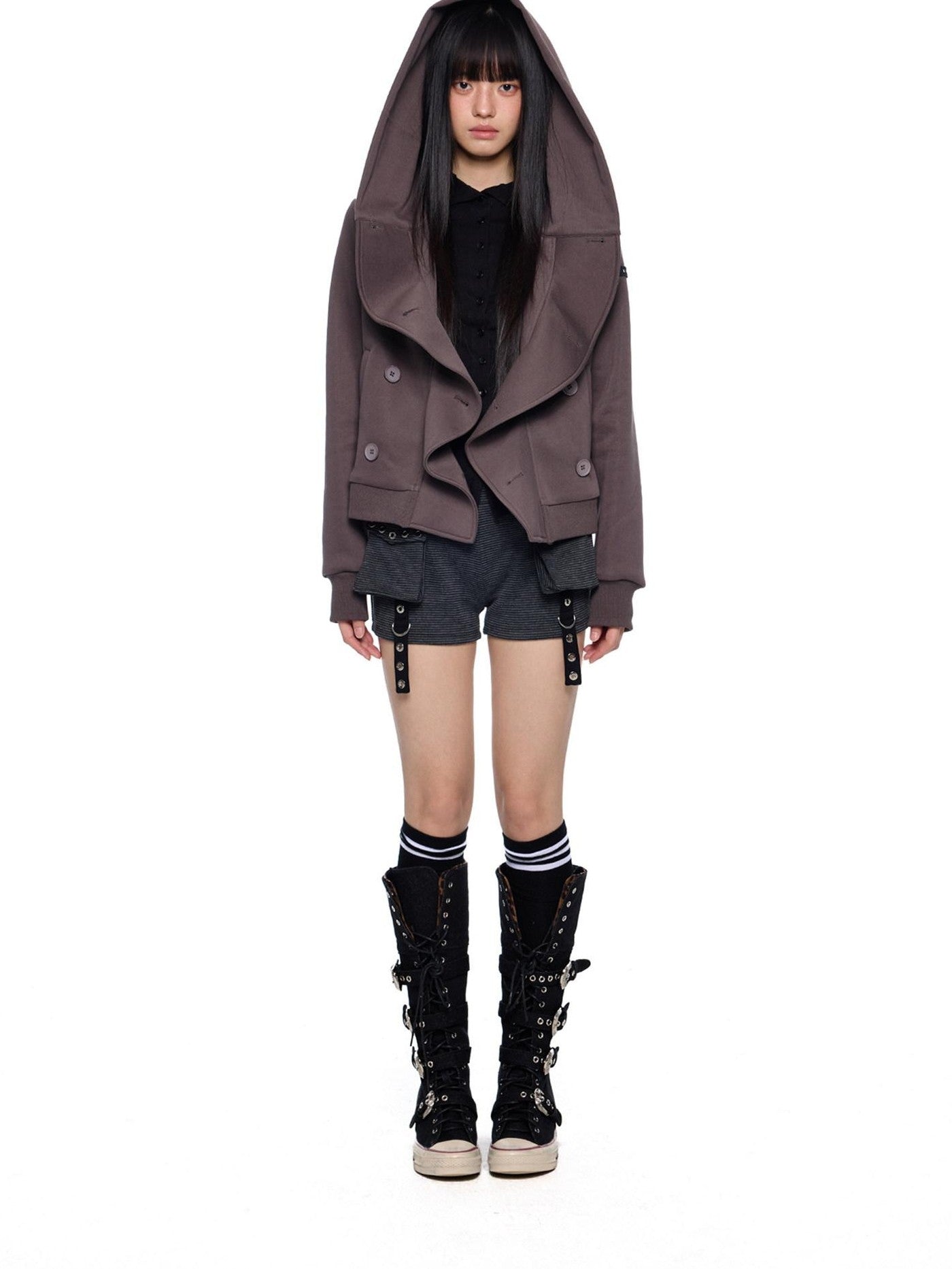 EZEK Black Gray Striped Deconstructed Patchwork Zip Women's Cotton Blend Hoodies