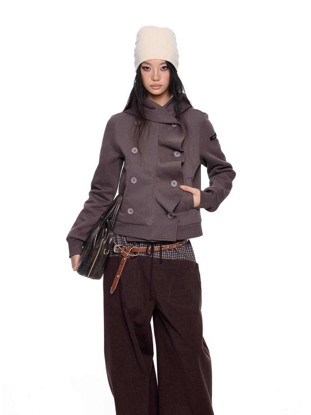 EZEK Black Gray Striped Deconstructed Patchwork Zip Women's Cotton Blend Hoodies