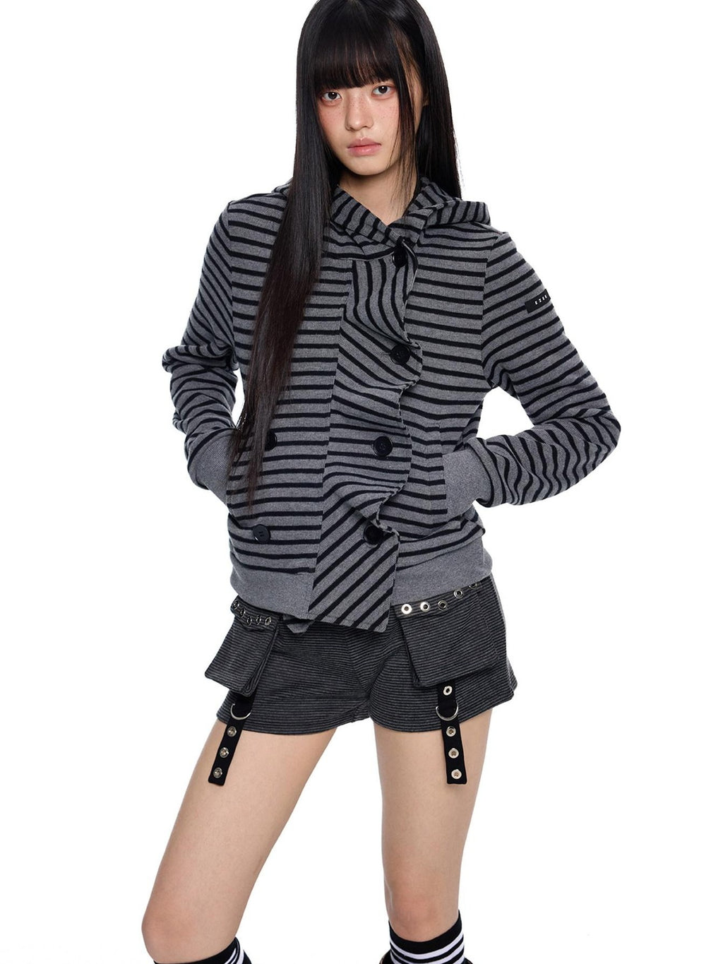 EZEK Black Gray Striped Deconstructed Patchwork Zip Women's Cotton Blend Hoodies