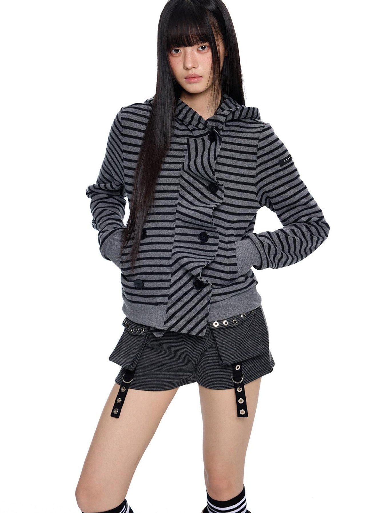 EZEK Black Gray Striped Deconstructed Patchwork Zip Women's Cotton Blend Hoodies