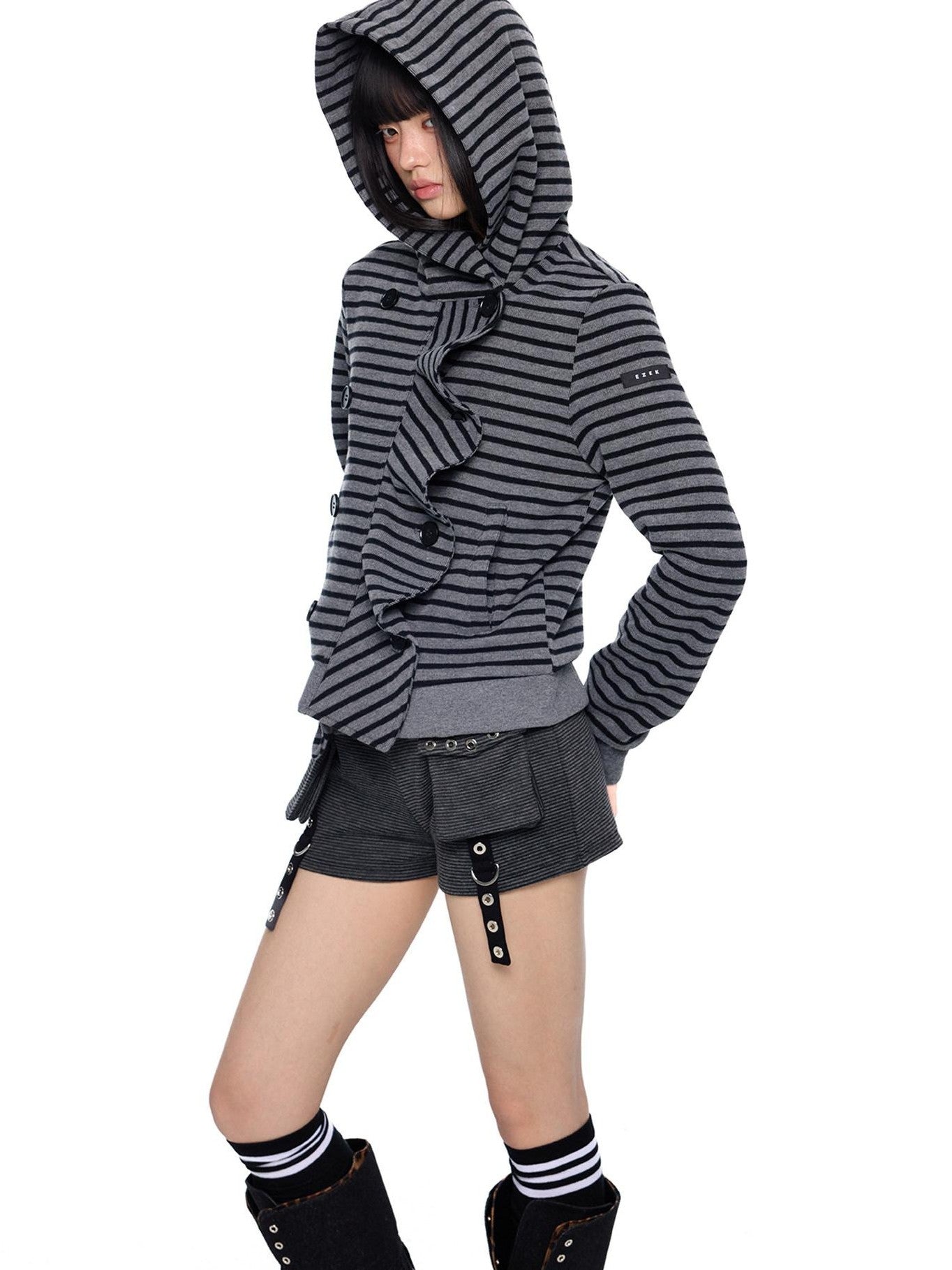 EZEK Black Gray Striped Deconstructed Patchwork Zip Women's Cotton Blend Hoodies