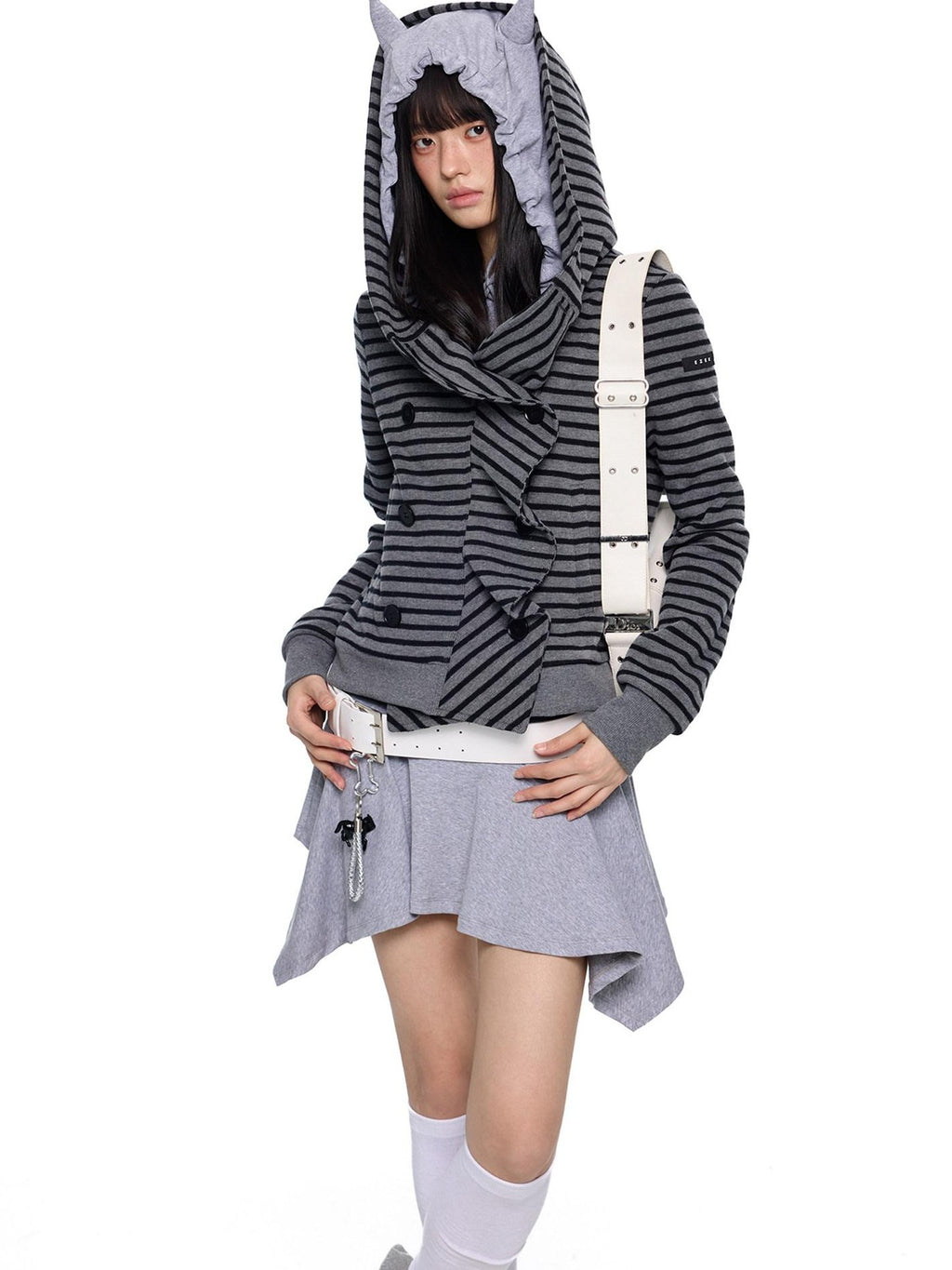 EZEK Black Gray Striped Deconstructed Patchwork Zip Women's Cotton Blend Hoodies