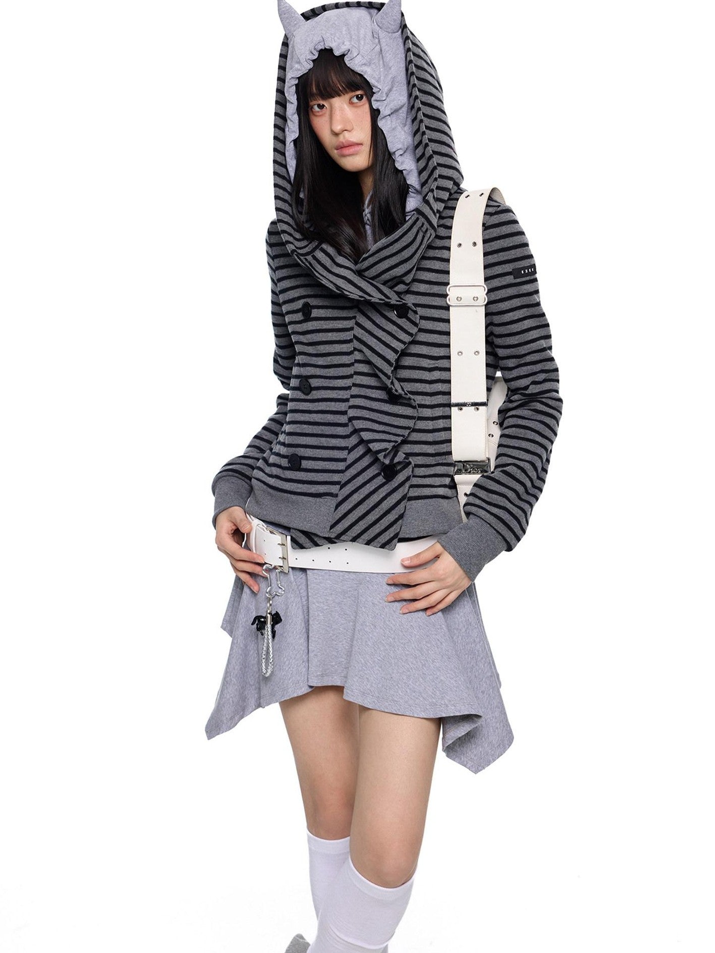 EZEK Black Gray Striped Deconstructed Patchwork Zip Women's Cotton Blend Hoodies