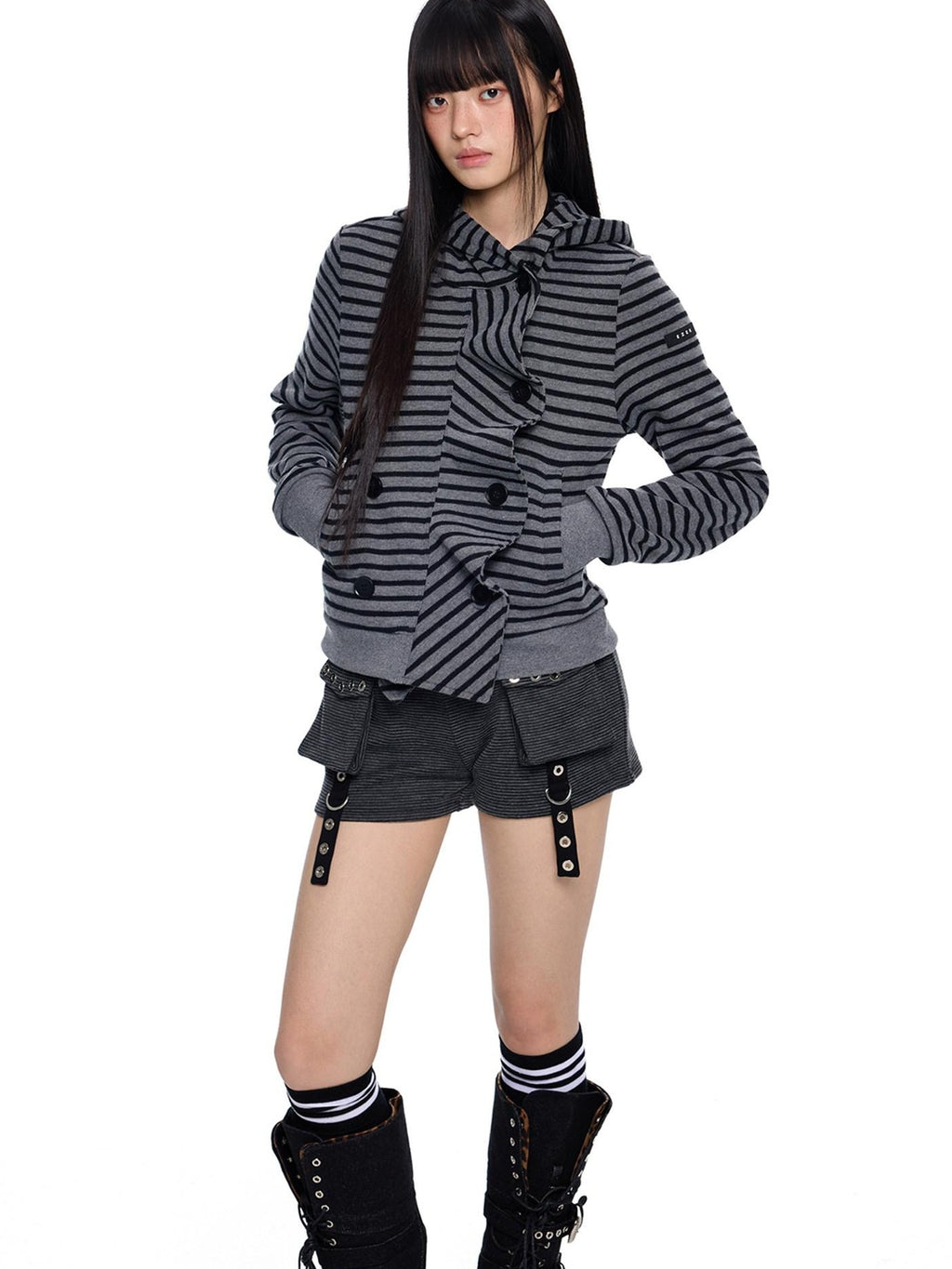 EZEK Black Gray Striped Deconstructed Patchwork Zip Women's Cotton Blend Hoodies