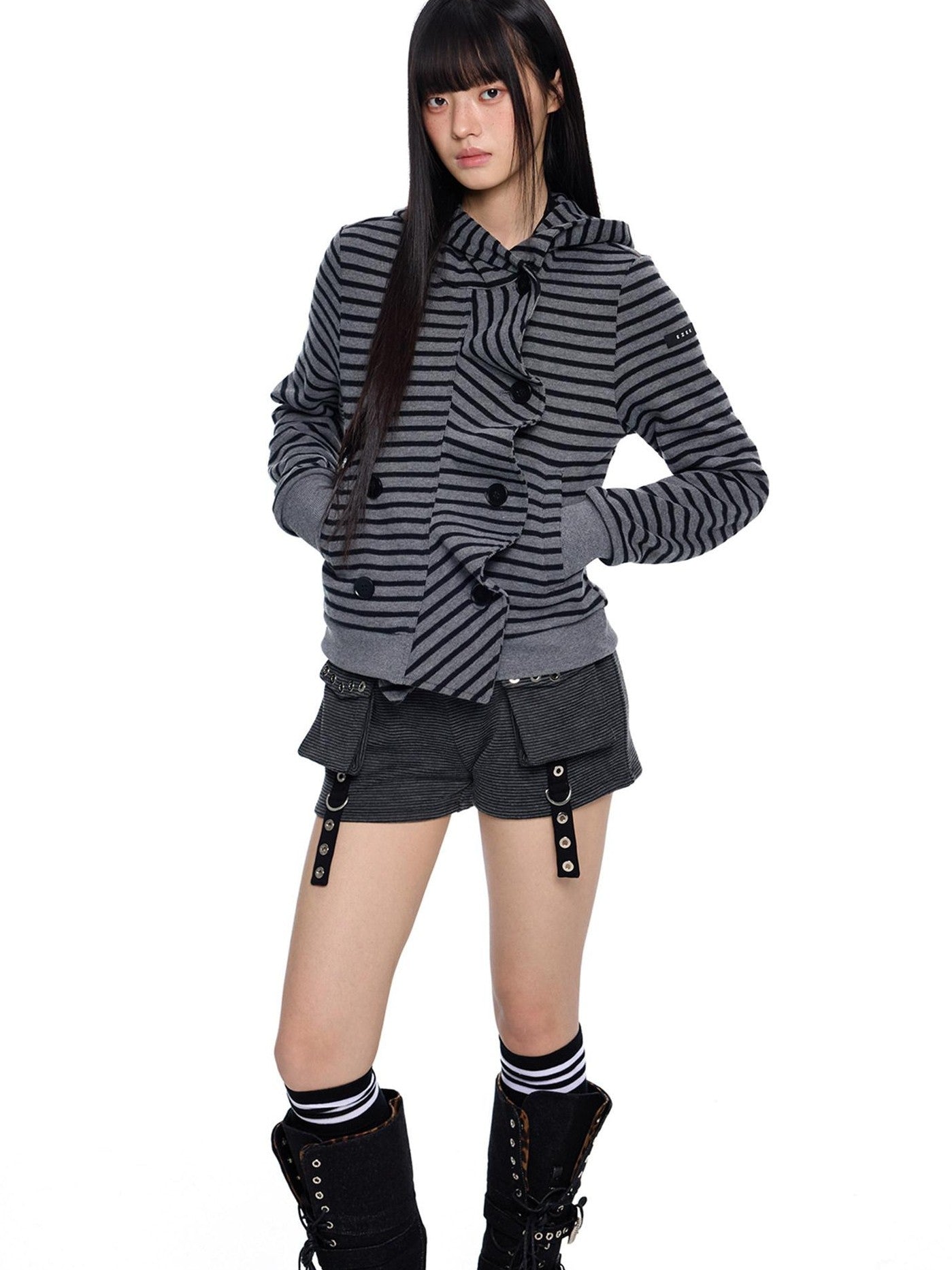 EZEK Black Gray Striped Deconstructed Patchwork Zip Women's Cotton Blend Hoodies
