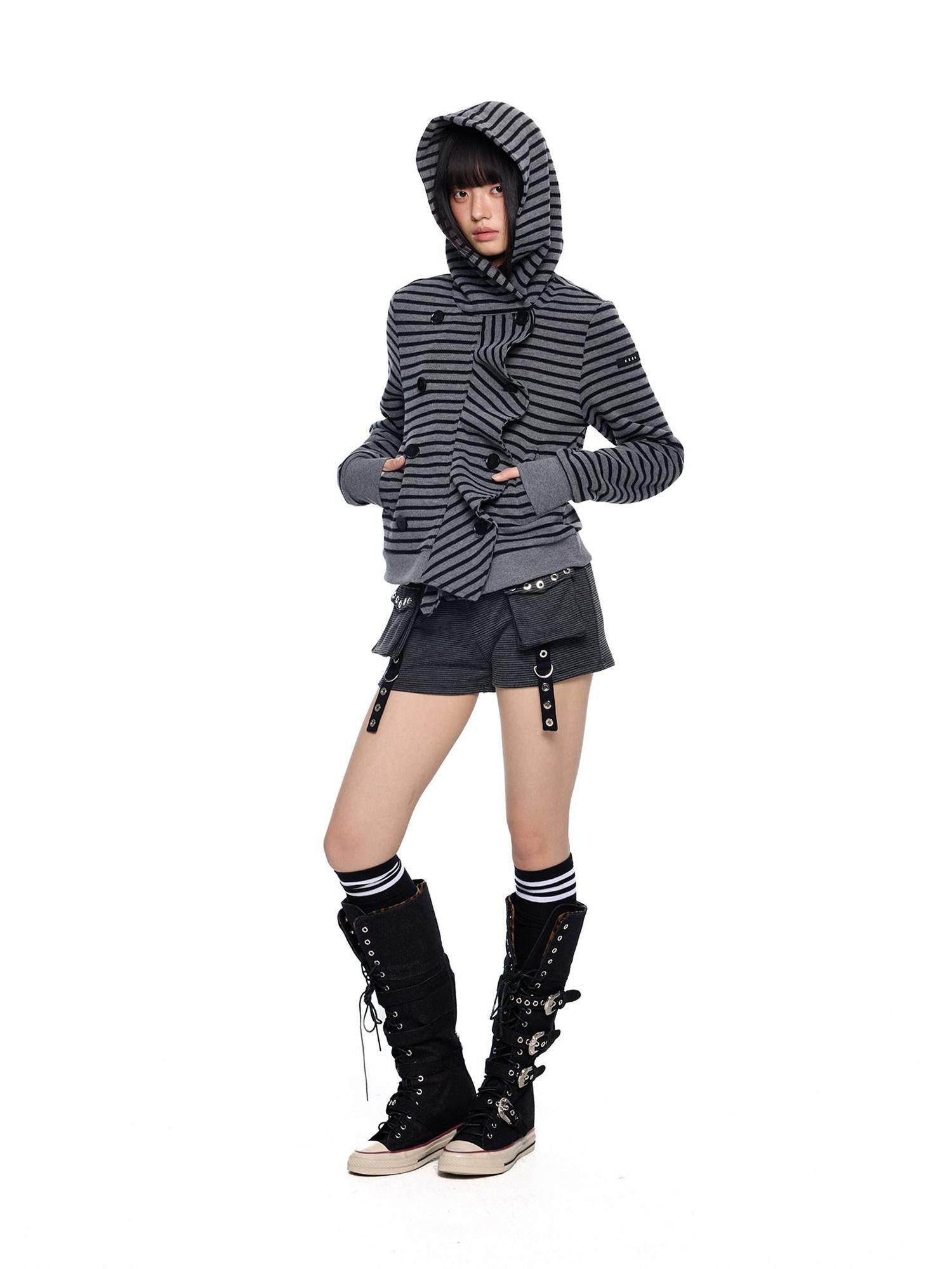 EZEK Black Gray Striped Deconstructed Patchwork Zip Women's Cotton Blend Hoodies