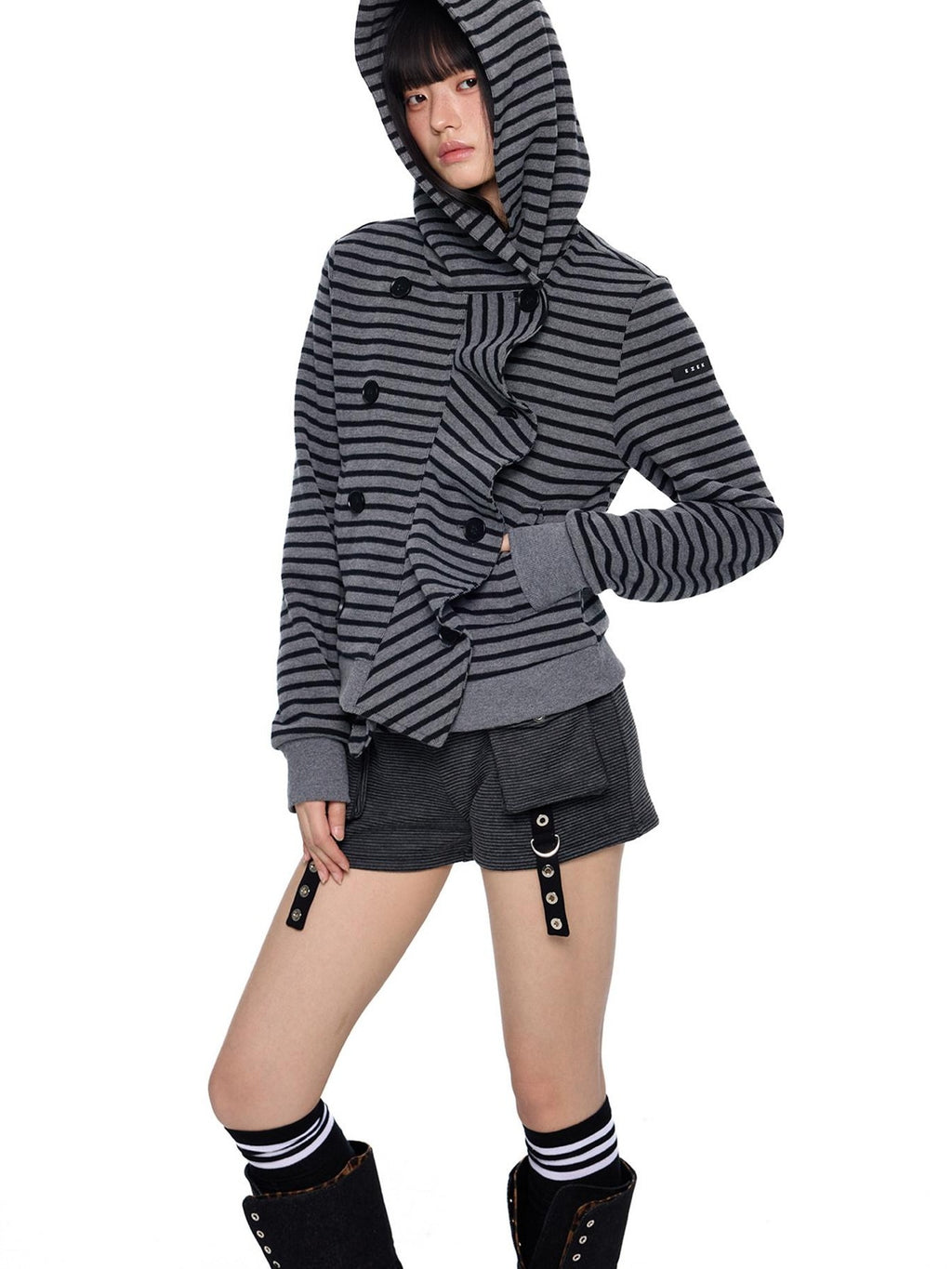 EZEK Black Gray Striped Deconstructed Patchwork Zip Women's Cotton Blend Hoodies
