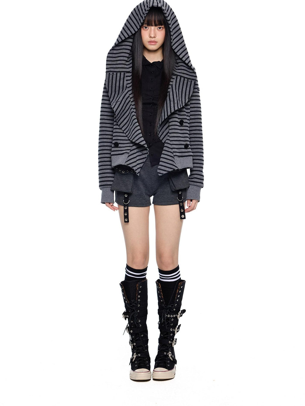 EZEK Black Gray Striped Deconstructed Patchwork Zip Women's Cotton Blend Hoodies